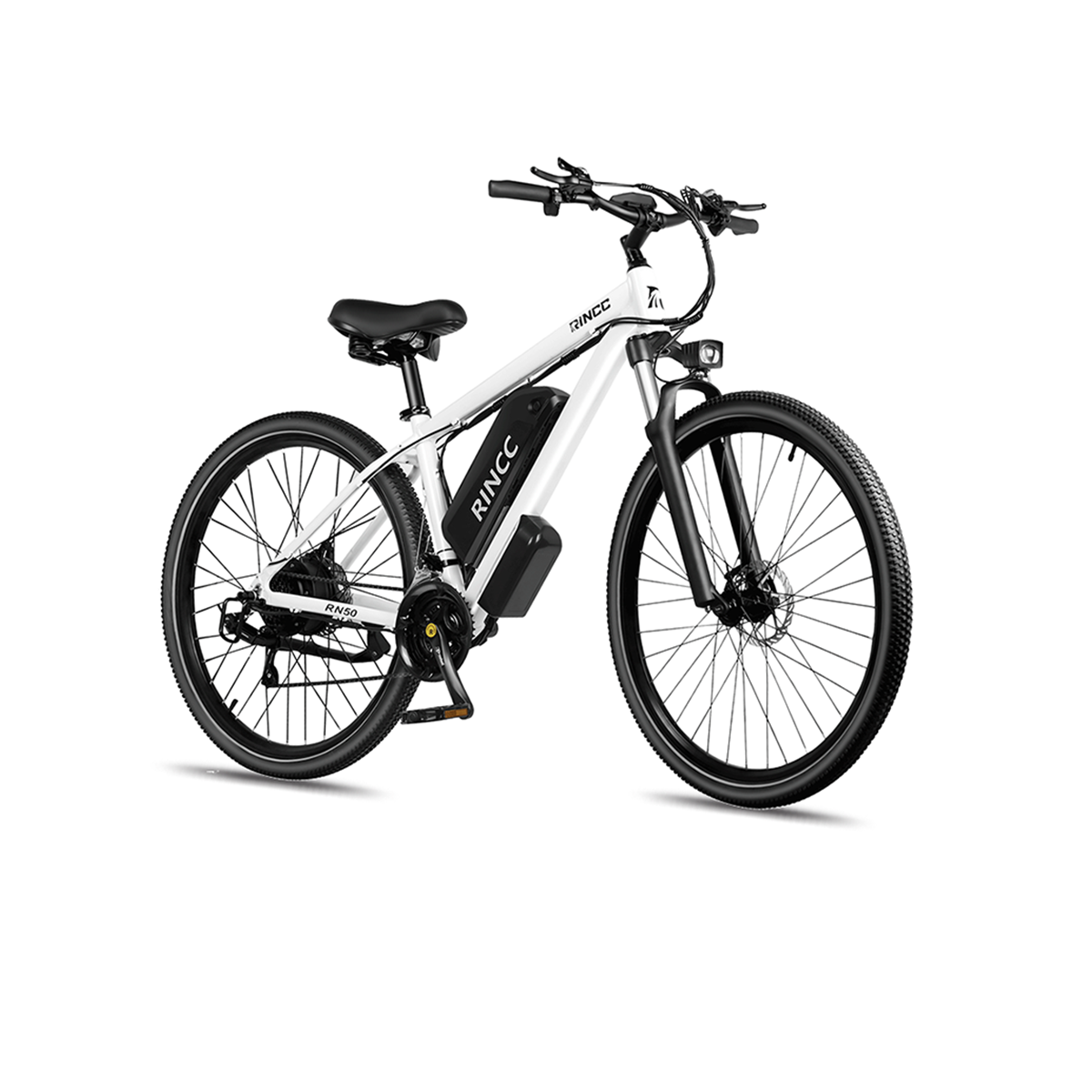 Biało-czarny rower elektryczny Rincc. Posiada czarne koła, opony, siodełko i kierownicę. Rama jest biała z czarną baterią.