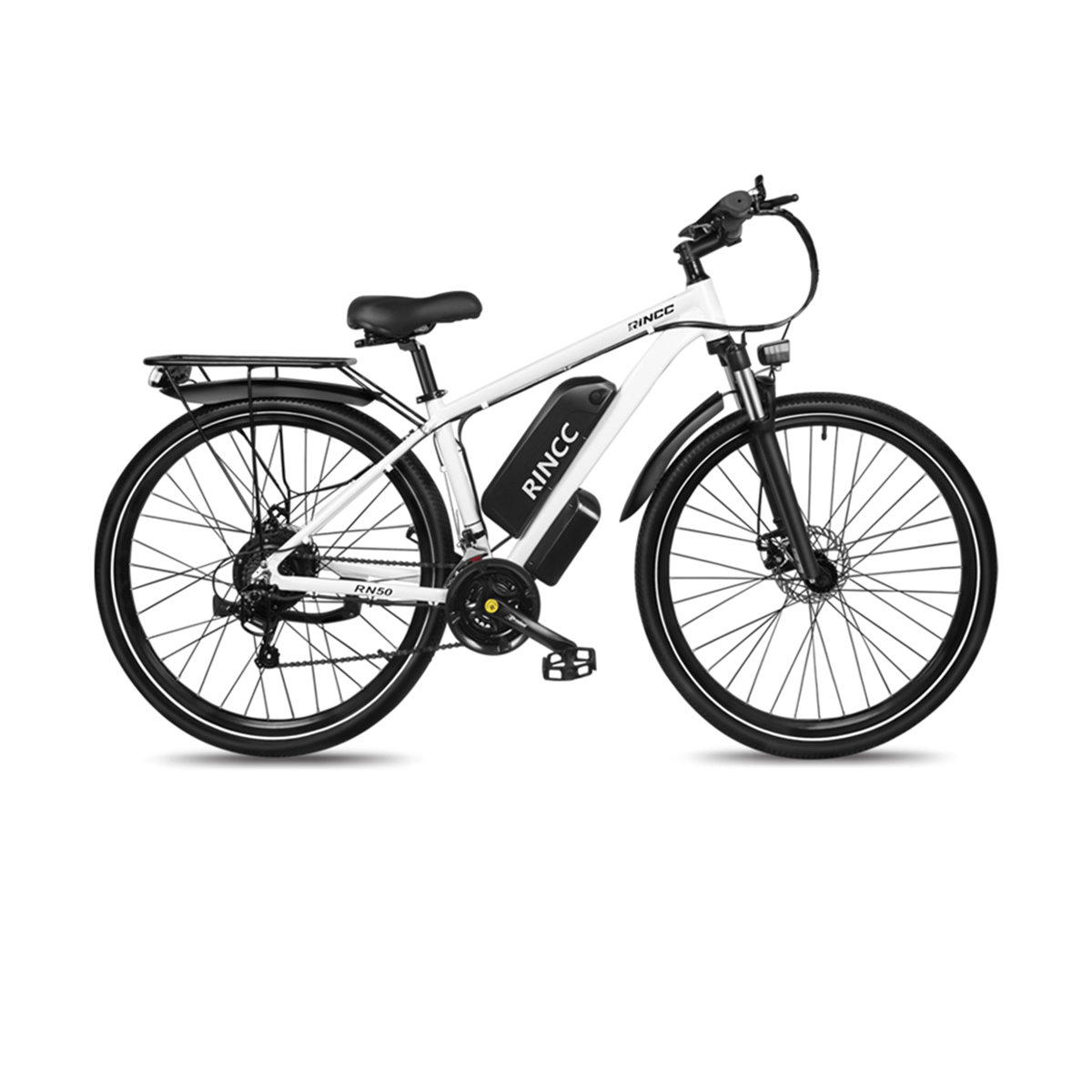 Biały rower elektryczny Rincc. Czarne opony, siodełko i bateria. Logo Rincc jest widoczne na baterii.