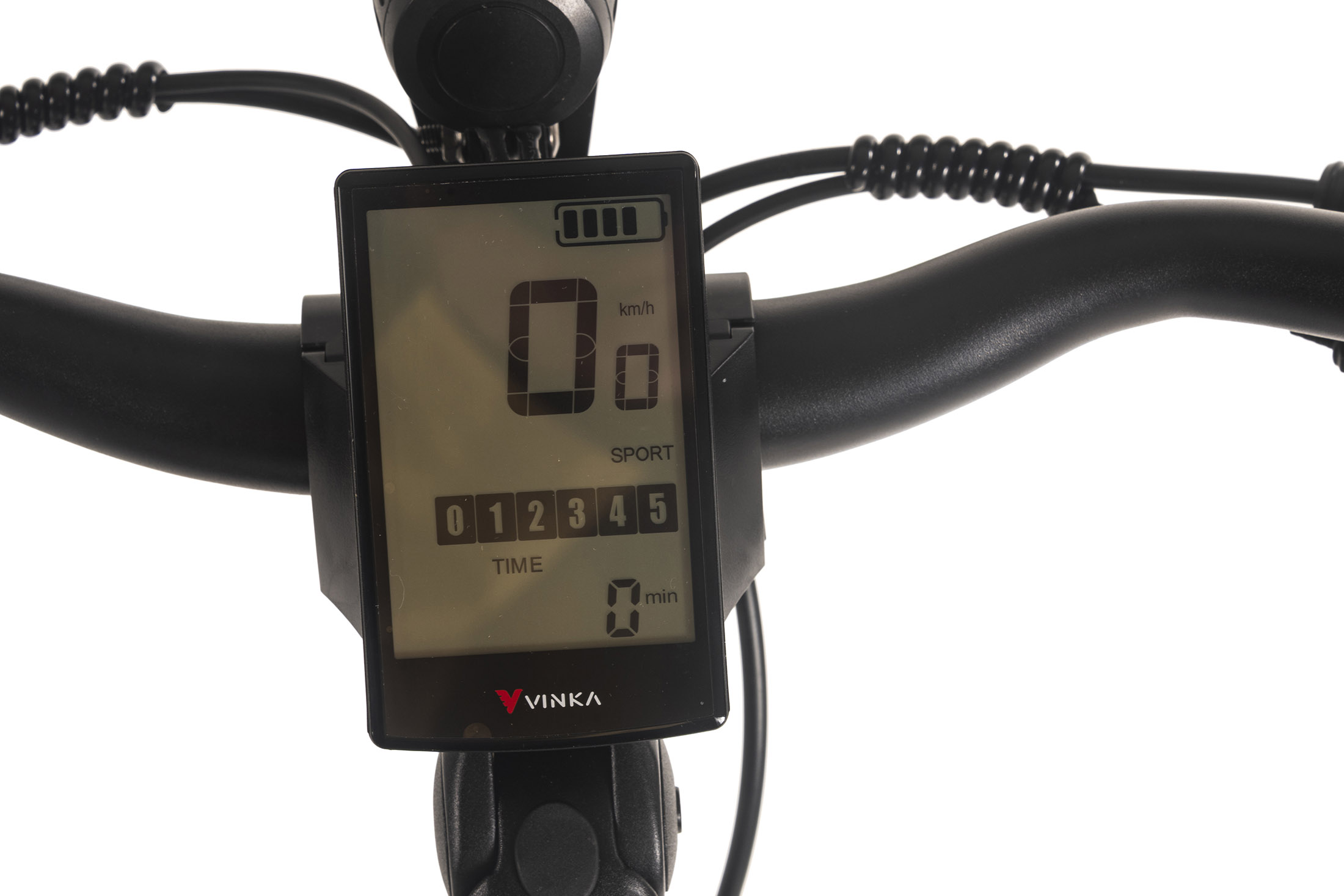 Nahaufnahme des Fahrrad-Displays mit 0 km/h, Akkuladestand und 'SPORT'-Modus. Lenker und schwarze Kabel sind sichtbar.
