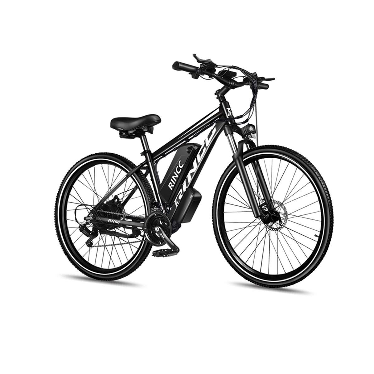 Czarny rower elektryczny na białym tle. Rower ma baterię, siodełko, kierownicę i koła. Marka to RINCC.