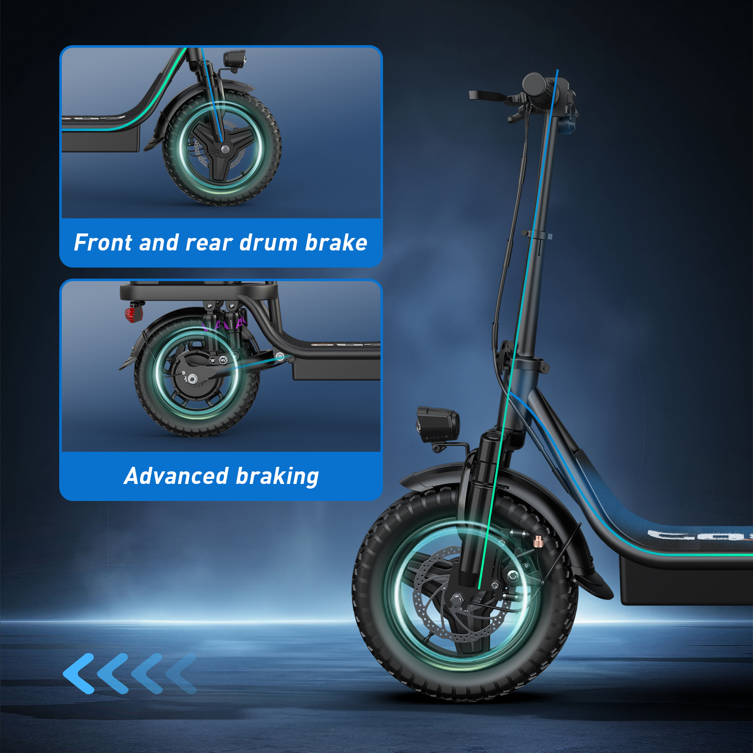 Hulajnoga elektryczna z hamulcami bębnowymi z przodu i z tyłu. Posiada zaawansowany system hamowania. Niebieski podkreśla system hamulcowy na zdjęciu.