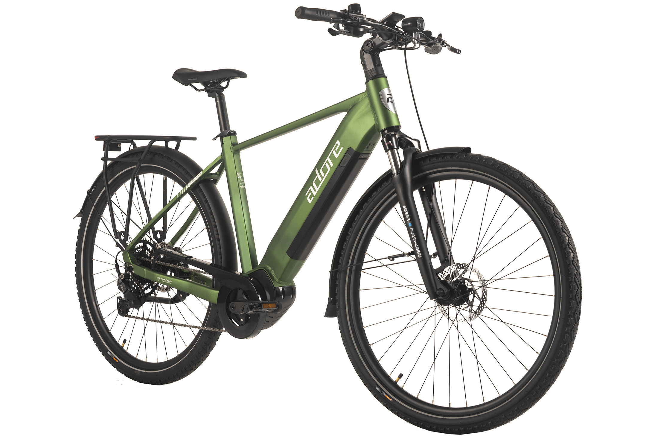 Grünes Elektrofahrrad mit schwarzen Reifen und Rahmen. Der Markenname "adore" ist auf dem Rahmen zu sehen. Weißer Hintergrund.