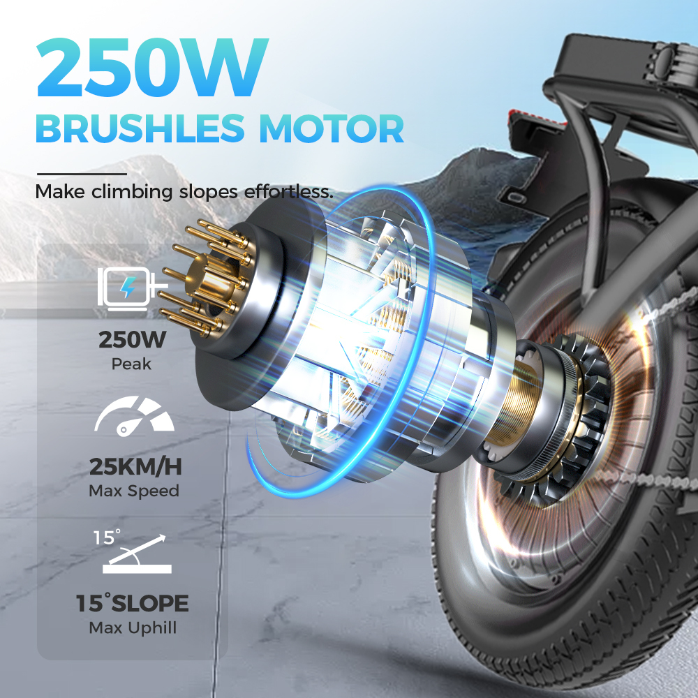 Silnik roweru elektrycznego ze specyfikacjami: 250W szczyt, 25km/h prędkość maks. i 15 stopni maks. wzniesienie. Niebieskie akcenty podkreślają silnik.
