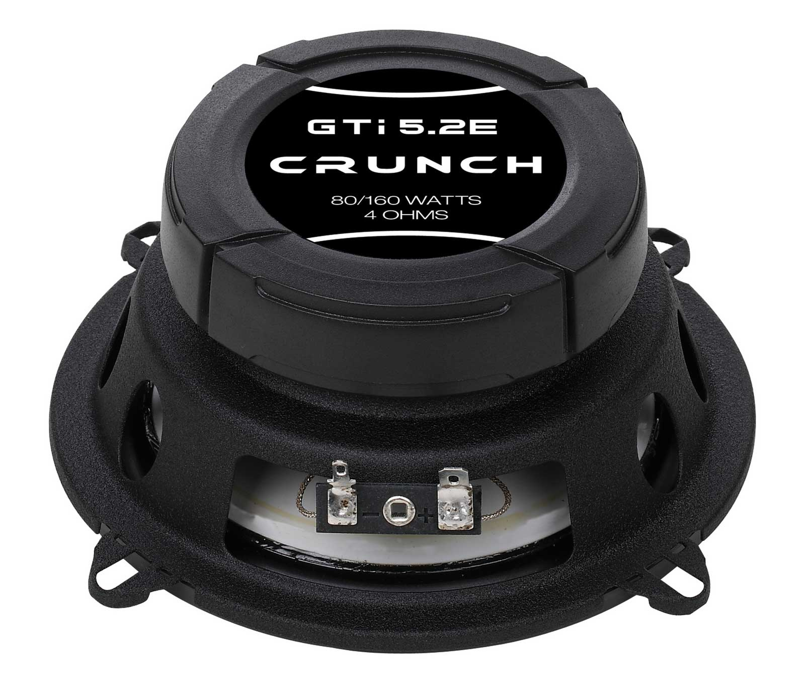 Schwarzer Auto-Lautsprecher. Er hat den Markennamen Crunch und Spezifikationen wie 80/160 Watt und 4 Ohm.