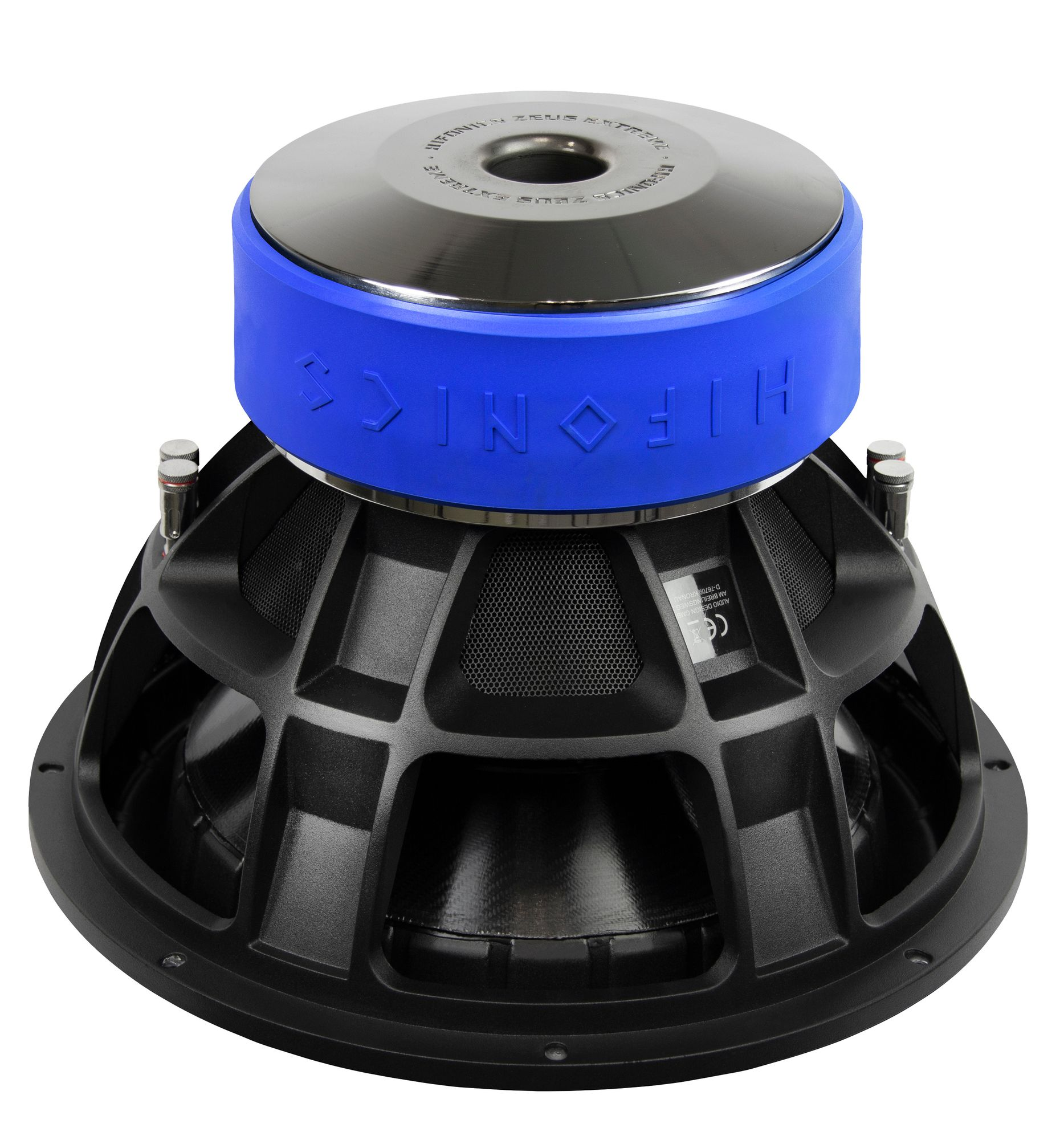 Ein schwarzer Hifonics Zeus Auto-Subwoofer mit einem blauen Ring und einer silbernen Oberseite, isoliert auf einem weißen Hintergrund.