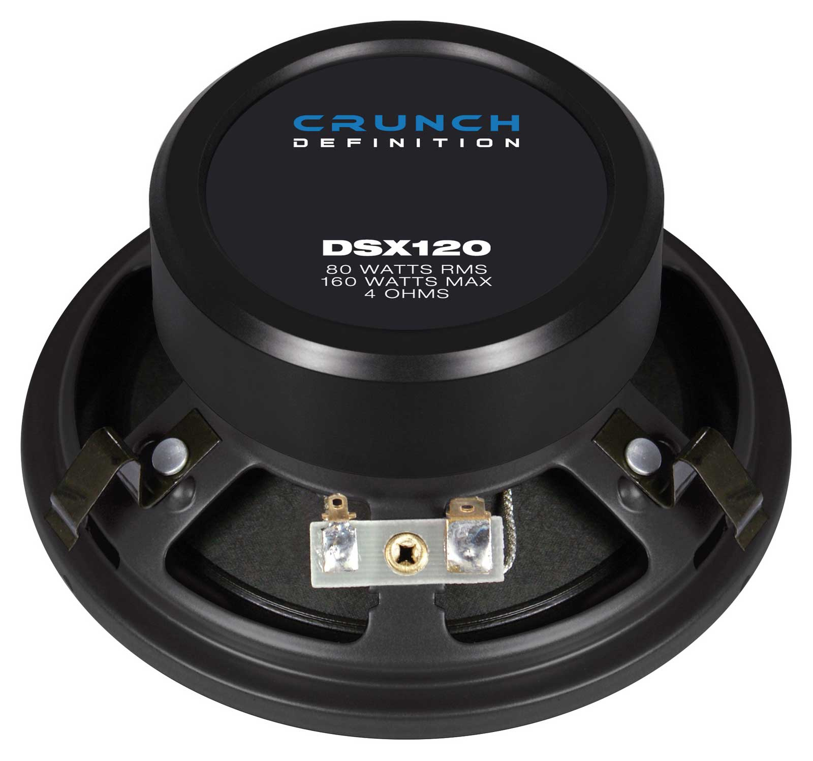 Ein schwarzer Crunch-Lautsprecher mit blauem Text, Modell DSX120. Details: 80 Watt RMS, 160 Watt Max und 4 Ohm.