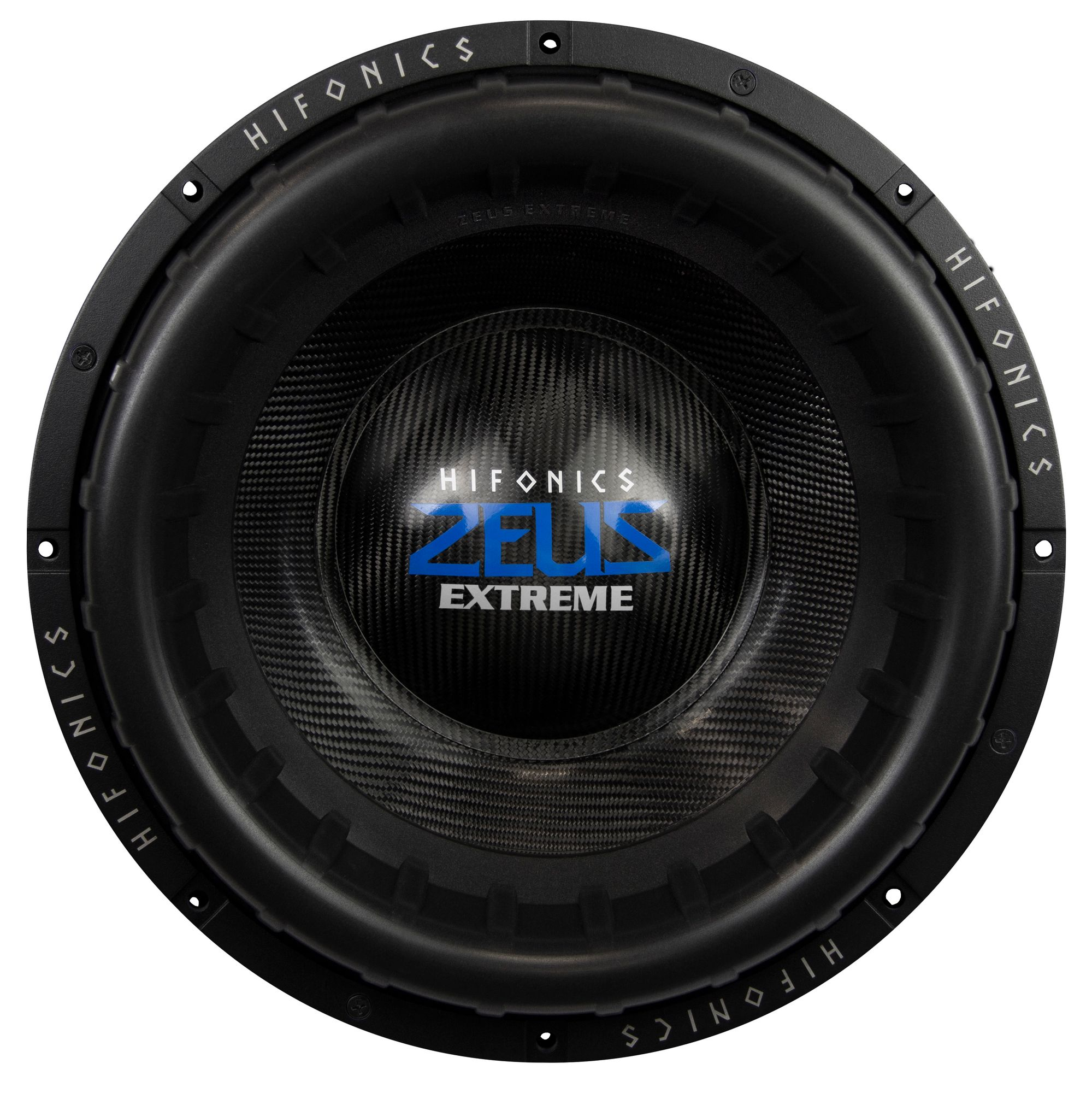 Ein schwarzer Hifonics Zeus Extreme Subwoofer. Er hat eine Kohlefaser-Membran mit blau-weißer Beschriftung.