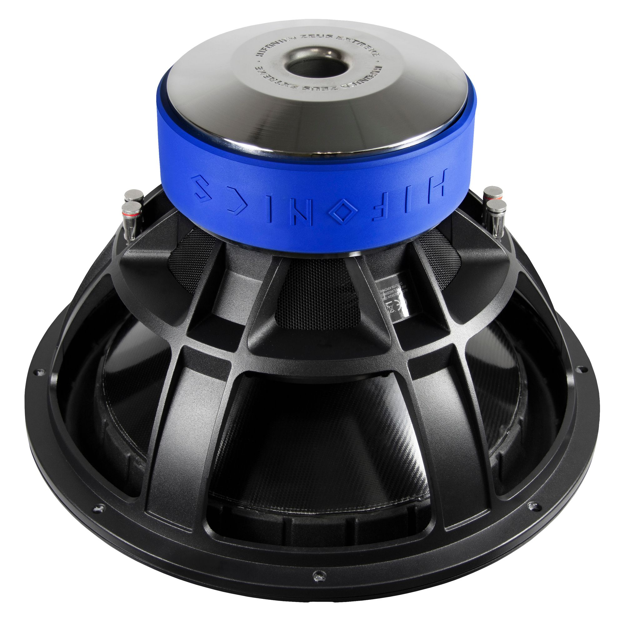 Ein schwarzer Subwoofer mit blauem Ring und silbernem Deckel. Das Wort HIFONICS ist auf dem blauen Ring zu sehen.