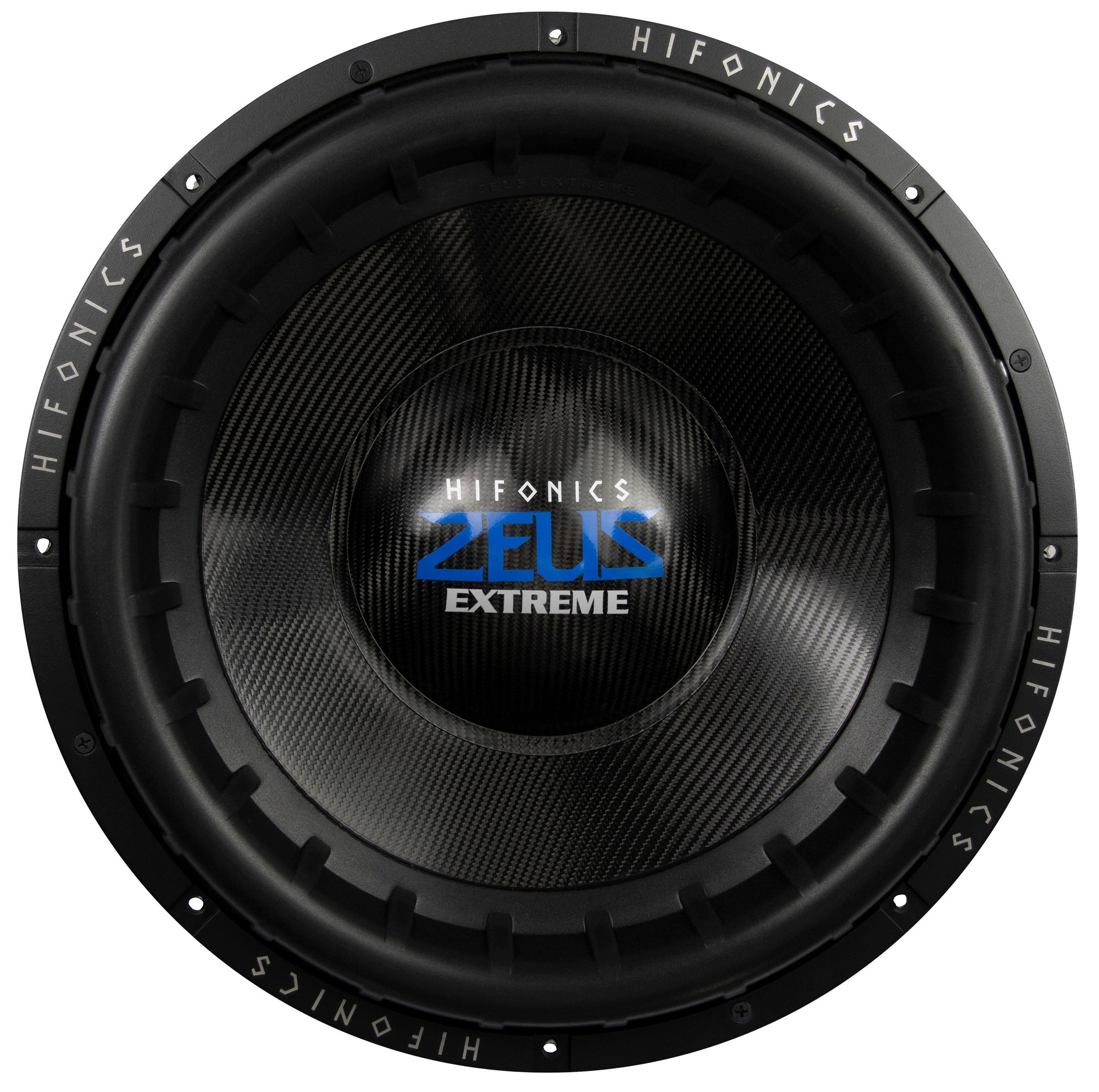 Ein schwarzer Hifonics Zeus Extreme Subwoofer. Er hat einen Kohlefaser-Konus und den Markennamen.