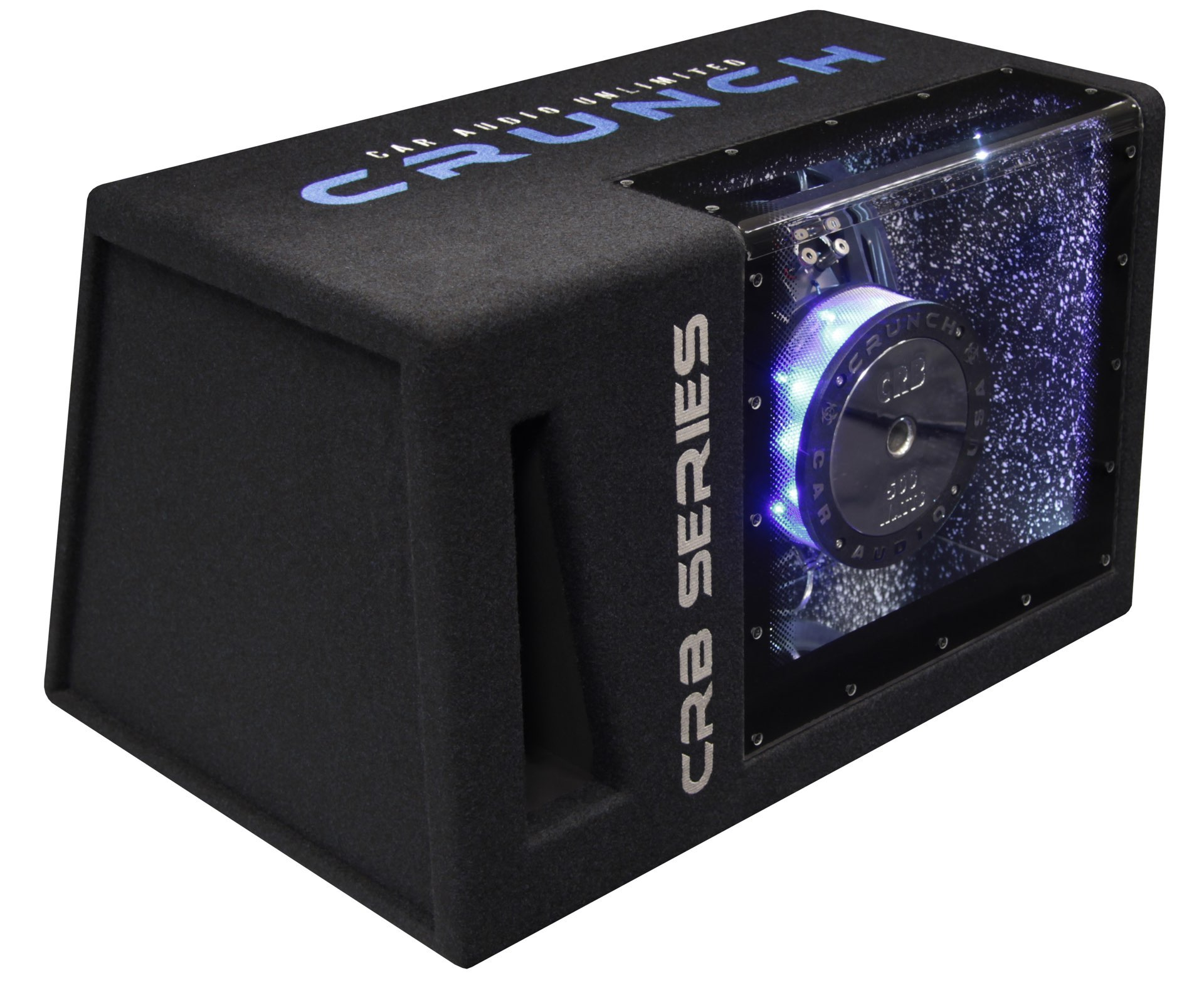 Schwarzer Crunch-Car-Audio-Subwoofer. Er hat eine transparente Frontplatte mit einem leuchtenden Lautsprecher und dem Logo. Auf der Box steht CRB Series.