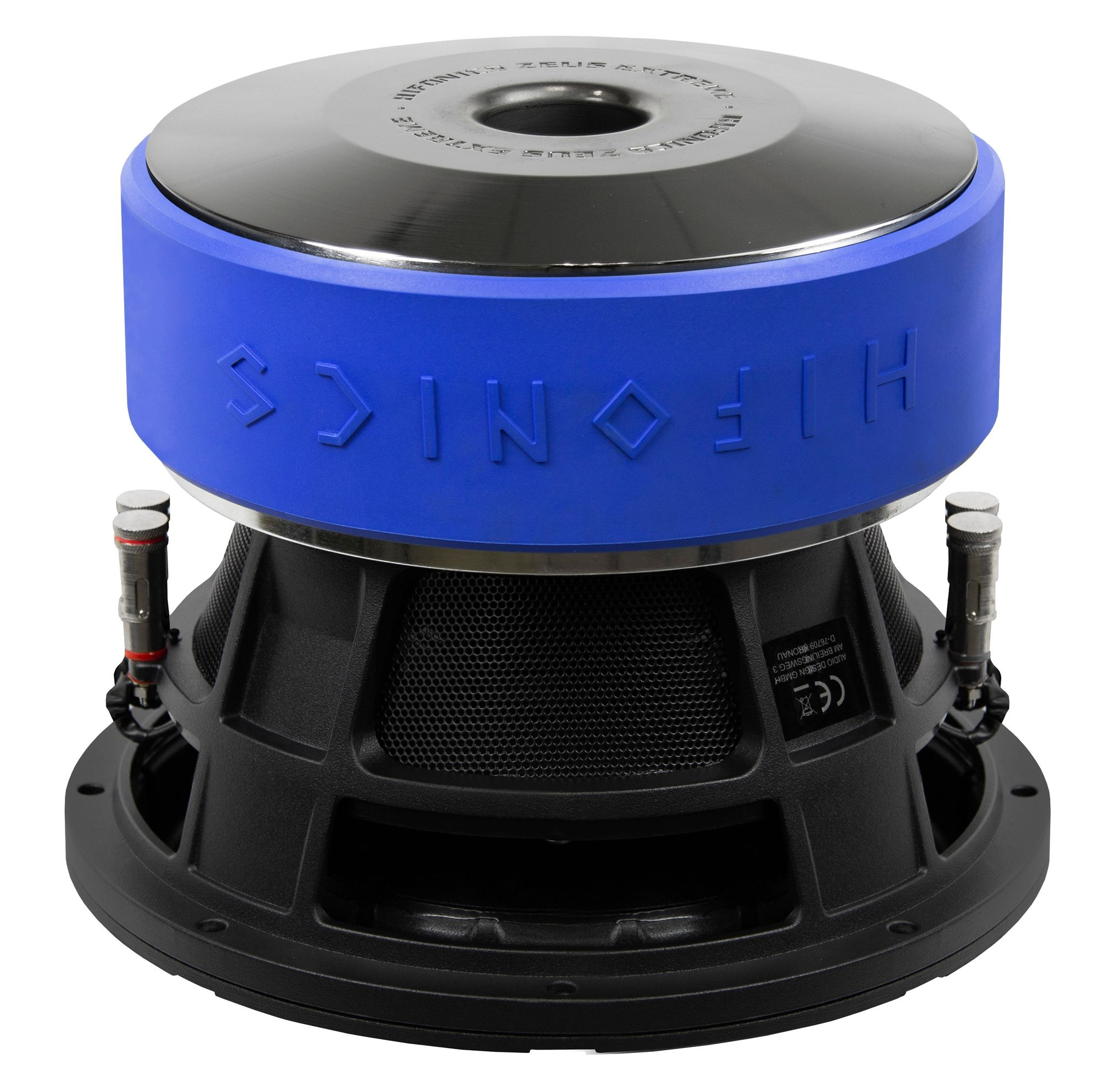 Ein Subwoofer mit schwarzen und blauen Akzenten. Auf dem blauen Band steht das Wort HIFONICS.
