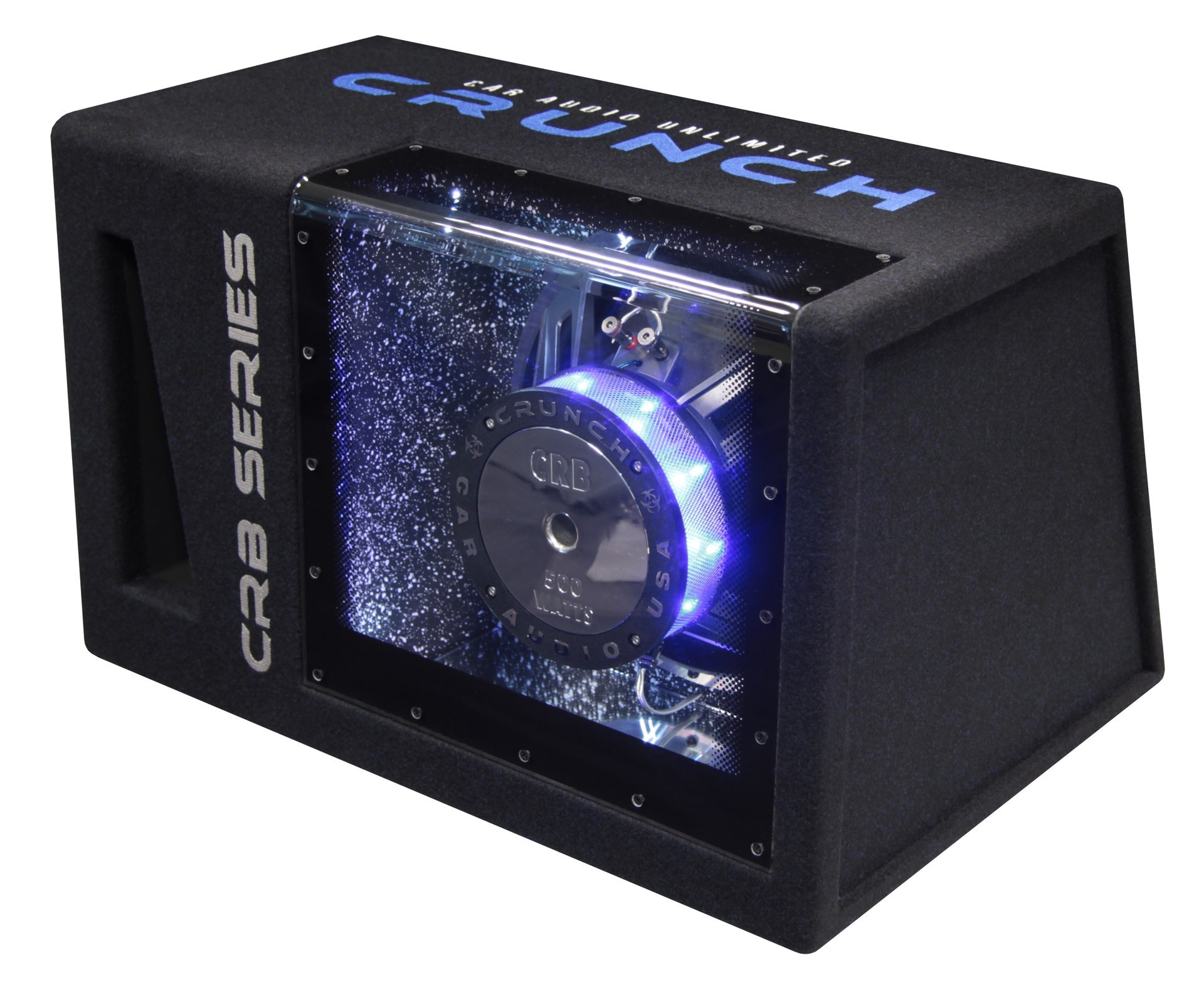 Schwarze Subwoofer-Box mit blauen Lichtern, transparente Frontplatte mit Lautsprecher und Markenname, CRUNCH.