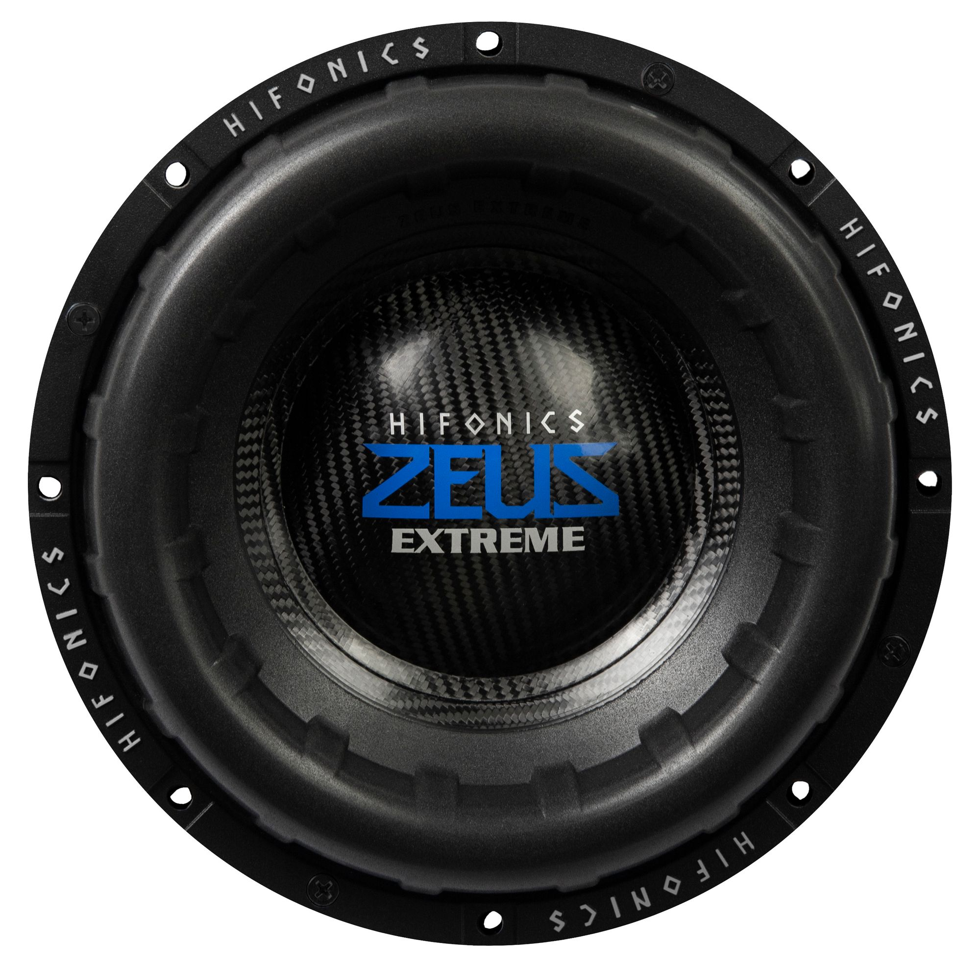 Schwarzer Subwoofer mit 'HIFONICS' am Rand. Mitte hat 'ZEUS EXTREME' in Blau. Kohlefaser-Membran.