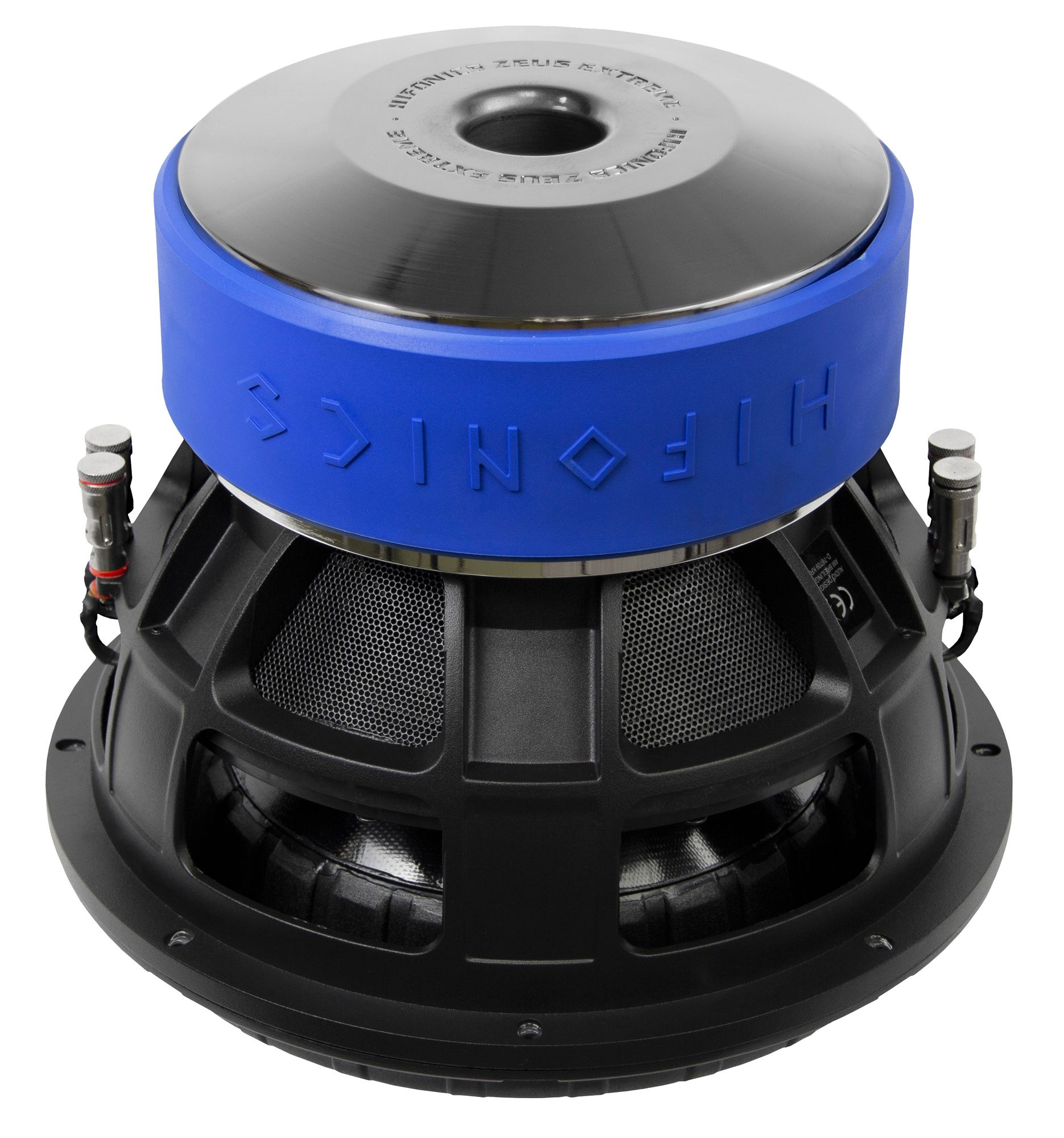 Ein Hifonics Zeus Subwoofer. Er ist schwarz mit einem blauen Ring um die Oberseite. Silberne Akzente und Anschlüsse sind sichtbar.
