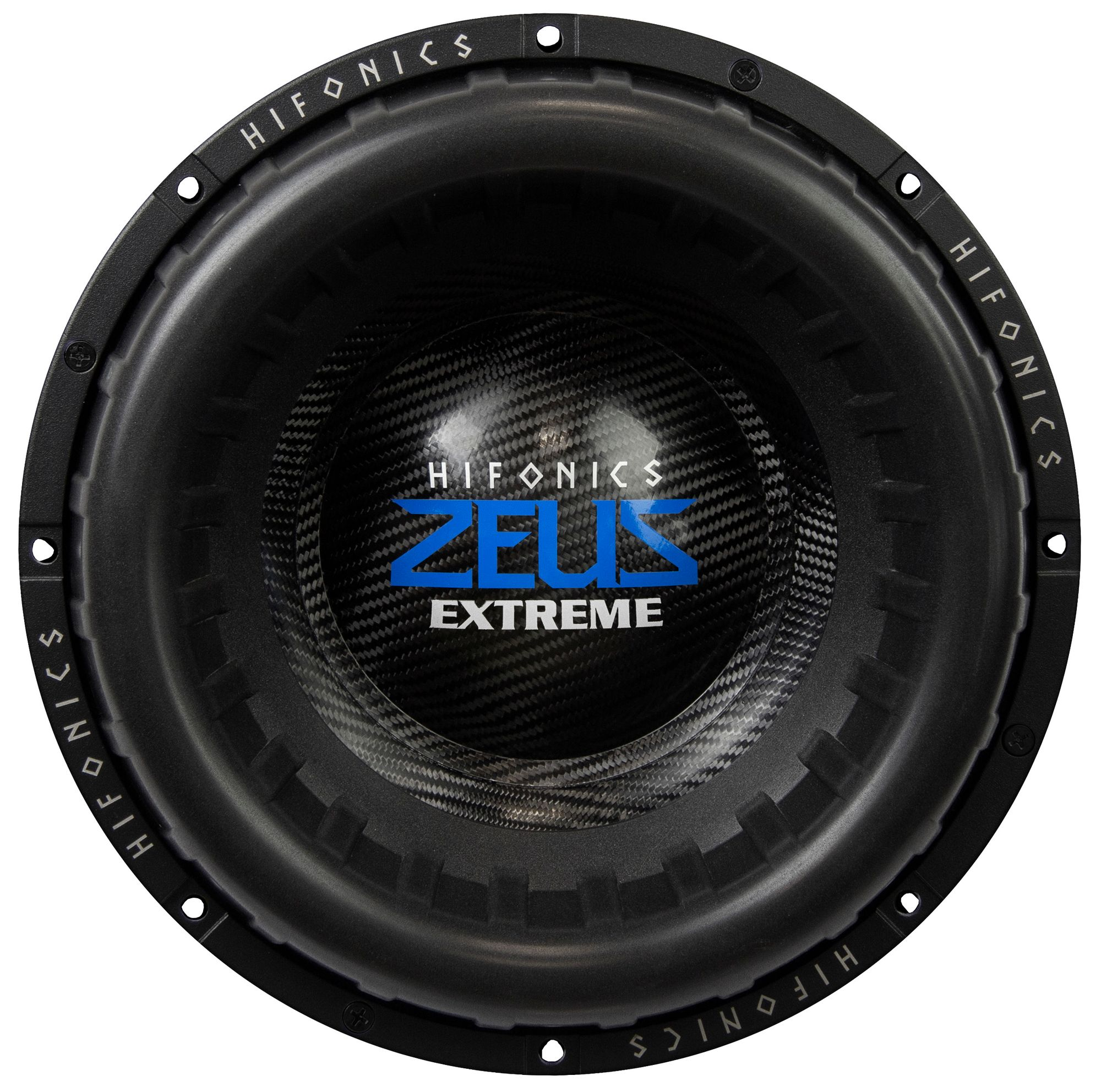 Nahaufnahme eines schwarzen Auto-Subwoofers. Die Mitte trägt den Markennamen 'HIFONICS ZEUS EXTREME' in blauer und weißer Schrift.
