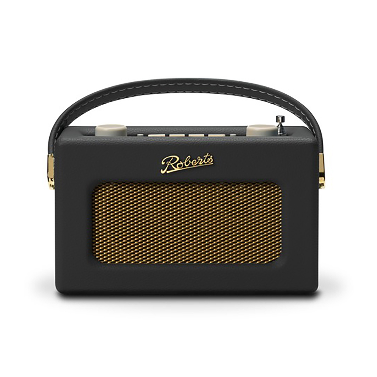 Czarny radio Roberts ze złotą kratką głośnika, pokrętłami i logo. Ma uchwyt i stoi na białym tle.