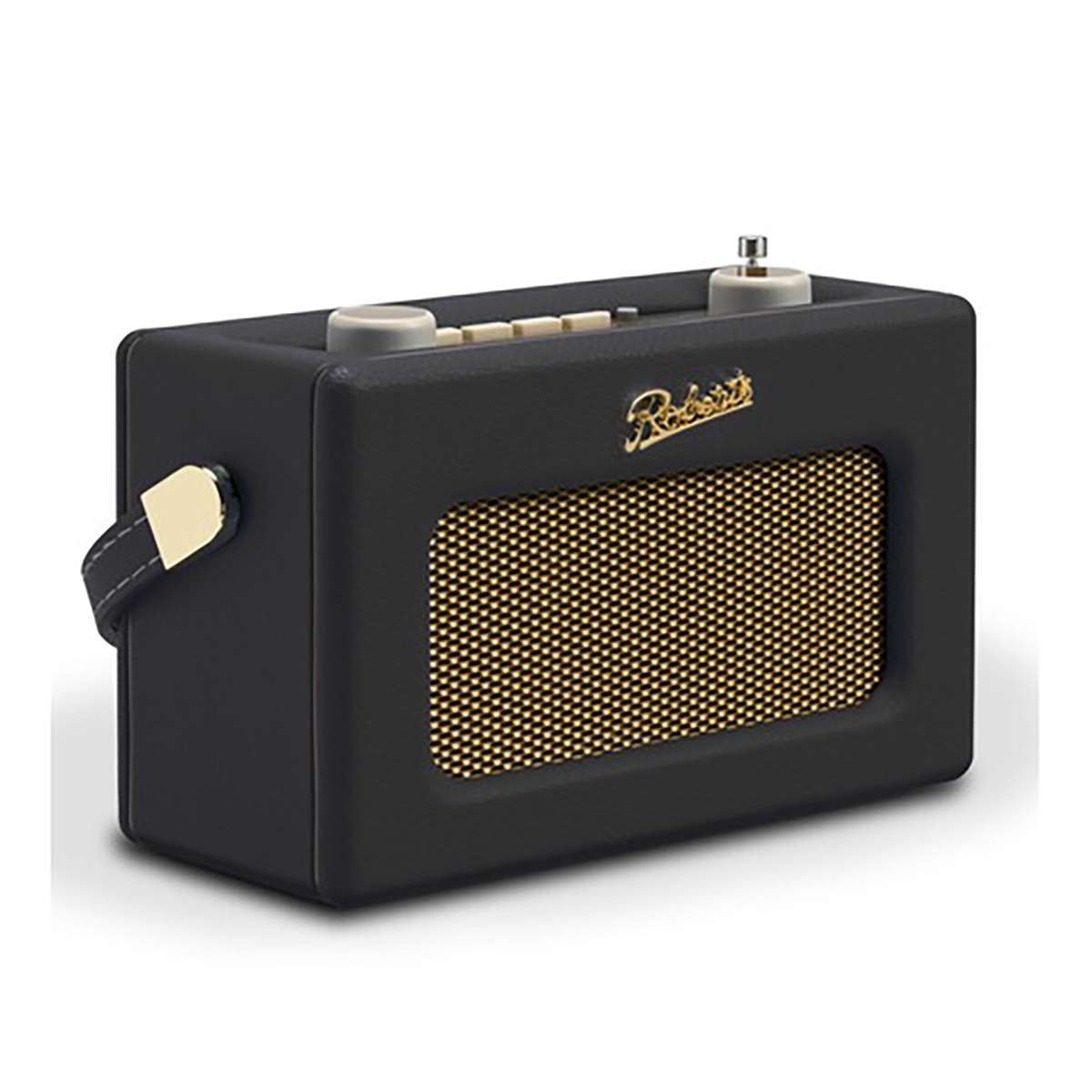 Czarne radio retro ze złotą osłoną głośnika i uchwytem. Nazwa marki Roberts jest złota.