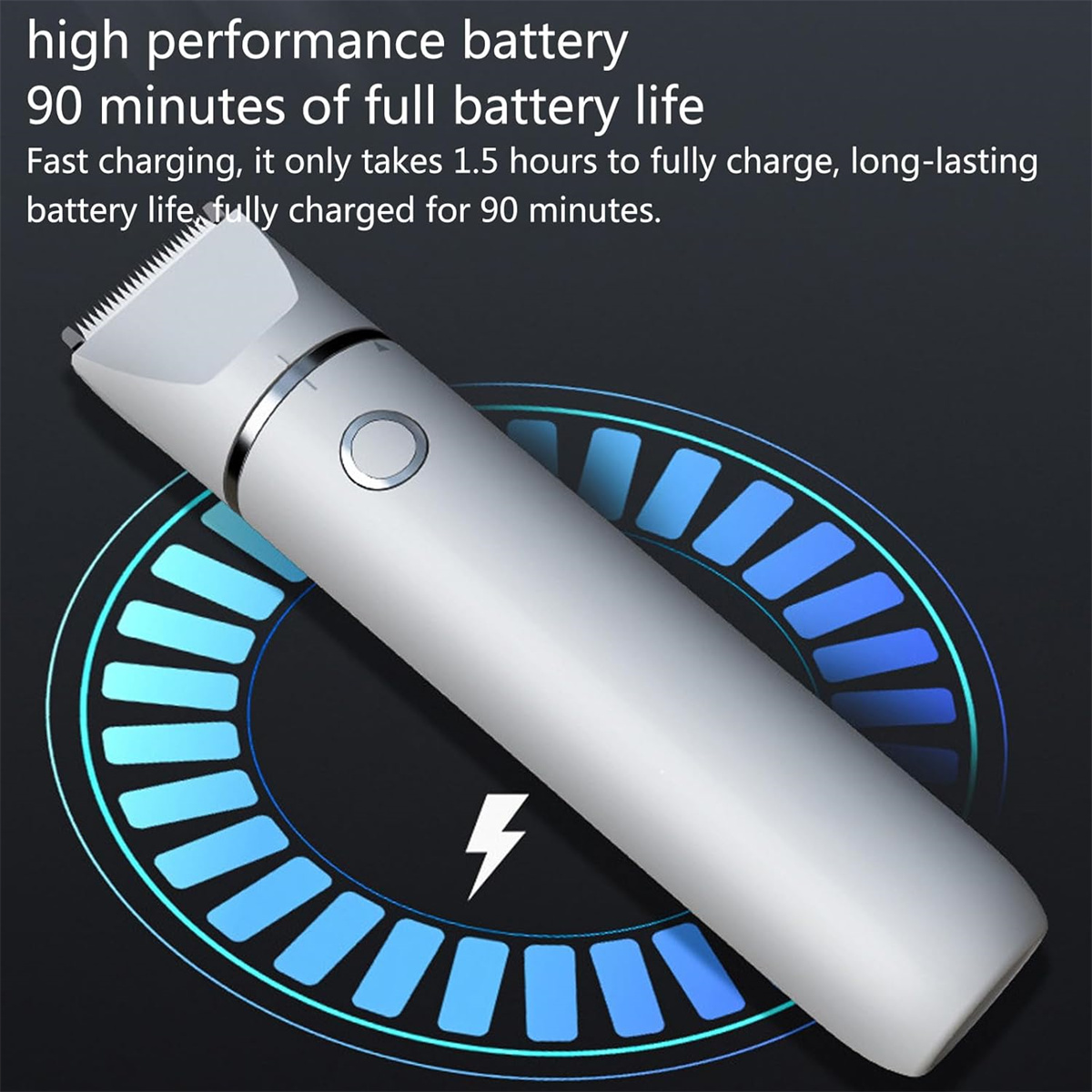 Ein weißer Elektrorasierer auf schwarzem Hintergrund. Ein blaues und weißes Batteriesymbol umgibt den Rasierer mit einem Blitz.