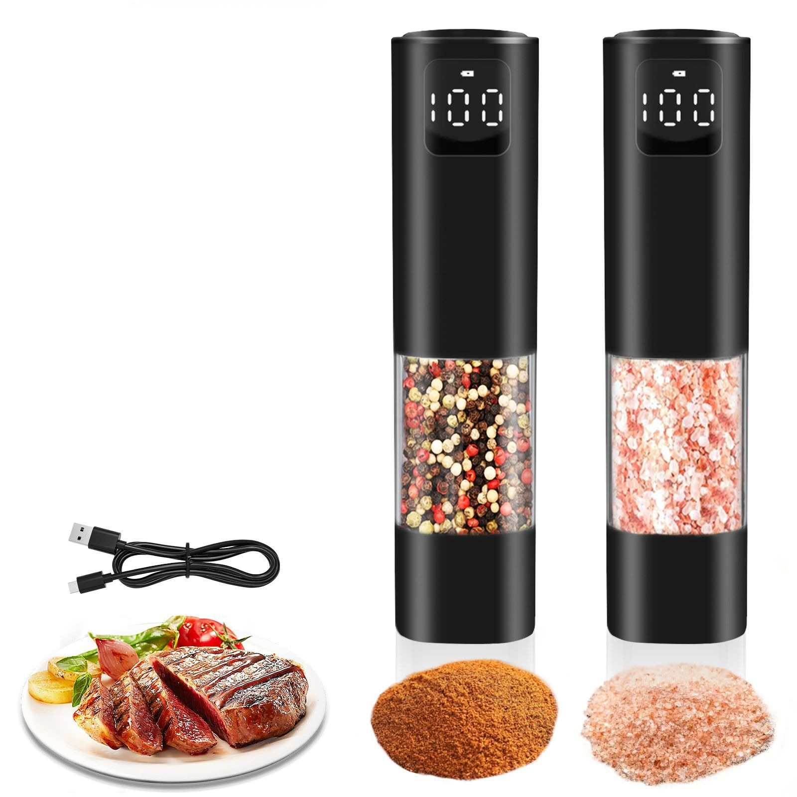 Zwei elektrische Mühlen mit Gewürzen, ein Steak mit Beilagen, ein USB-Kabel und zwei Gewürzhaufen.