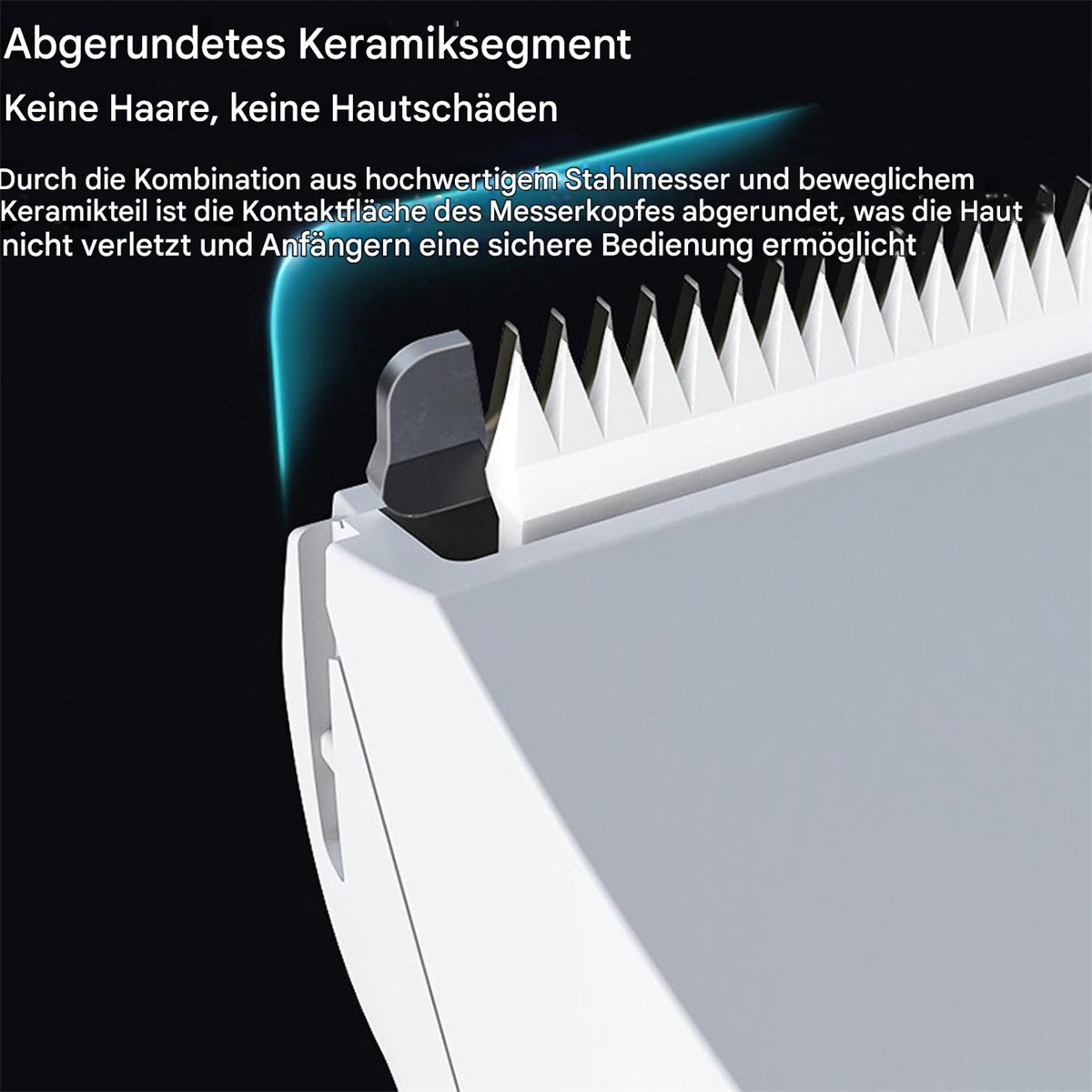 Nahaufnahme eines weißen und grauen Trimmerkopfes mit Keramiksegment. Die Klingen sind sichtbar. Schwarzer Hintergrund. Der Text lautet: 'Keine Haare, keine Hautschäden'.