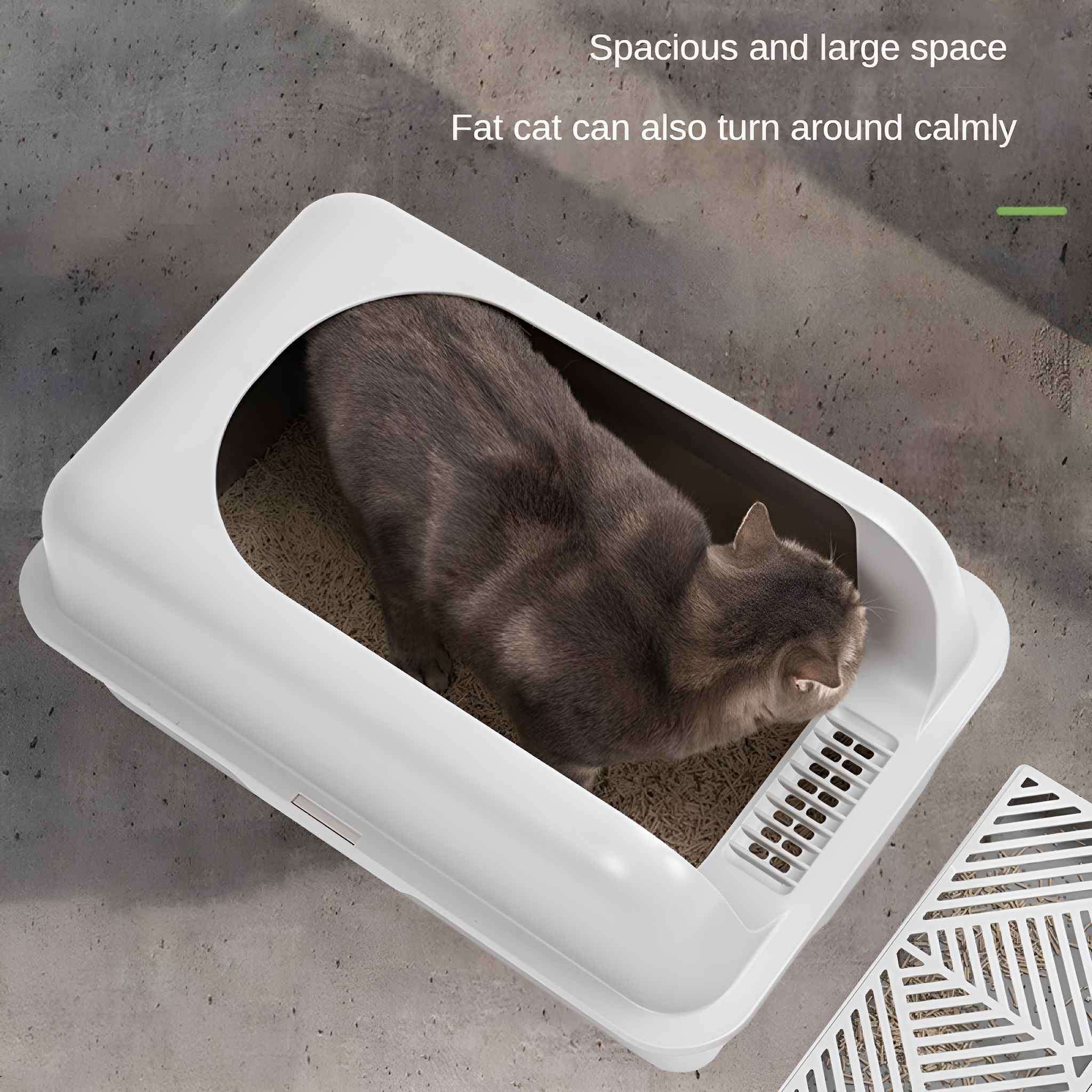 Eine graue Katze in einer weißen Katzentoilette. Die Box steht auf einer grauen Oberfläche.