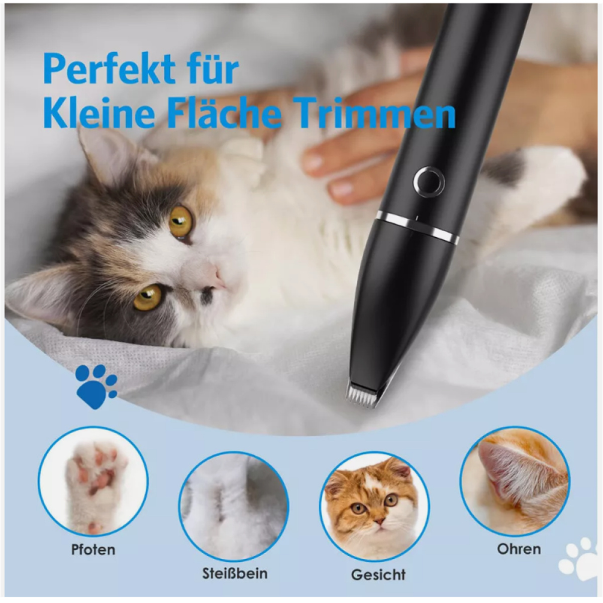 Eine Katze wird mit einem schwarzen Trimmer gepflegt. Das Bild enthält Nahaufnahmen von Pfoten, Fell, einem Katzengesicht und Ohren. Text: 'Perfekt zum Trimmen.'