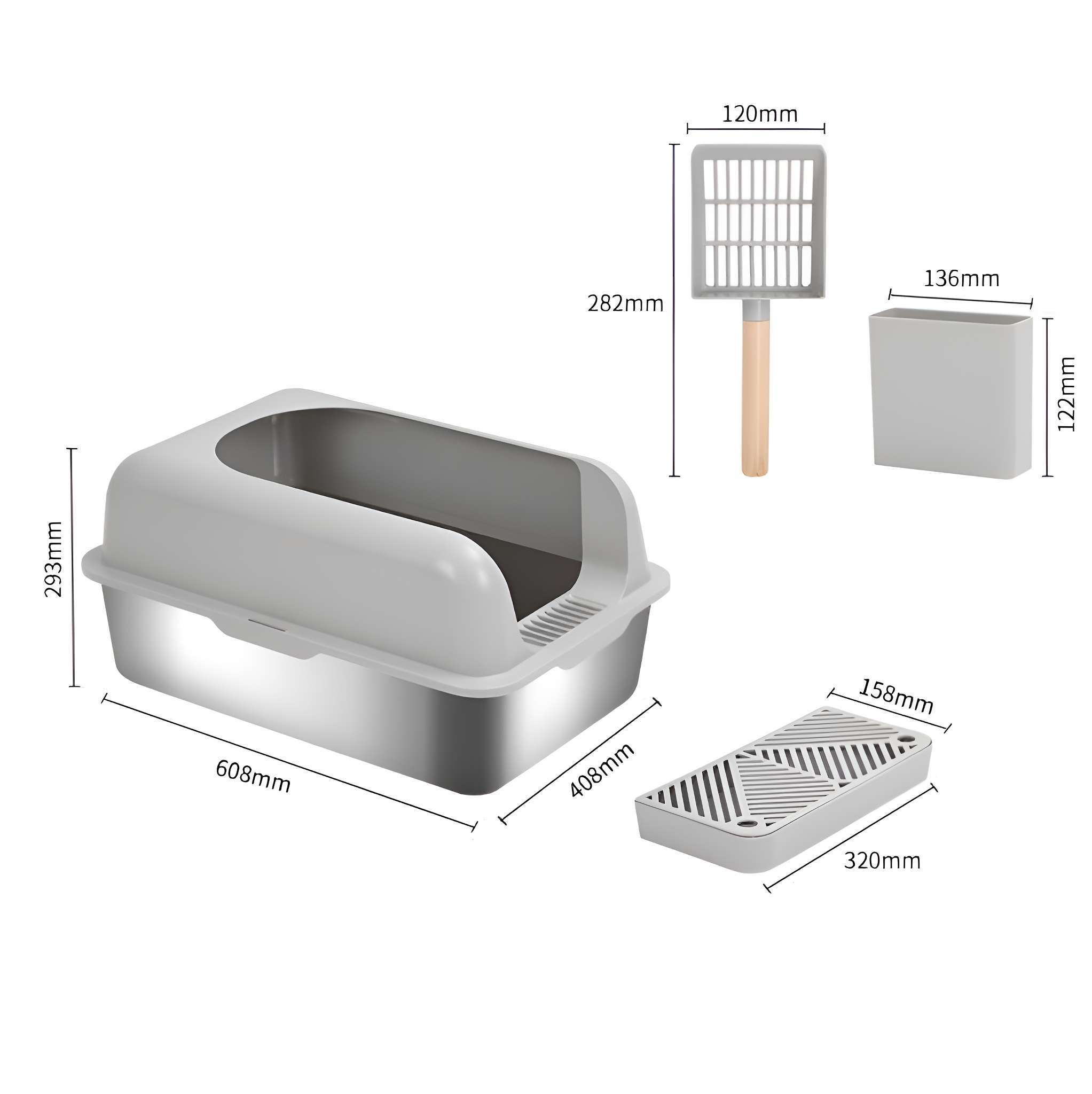 Ein Katzenstreu-Set. Es enthält eine Box, eine Schaufel, einen kleinen Behälter und eine Matte.