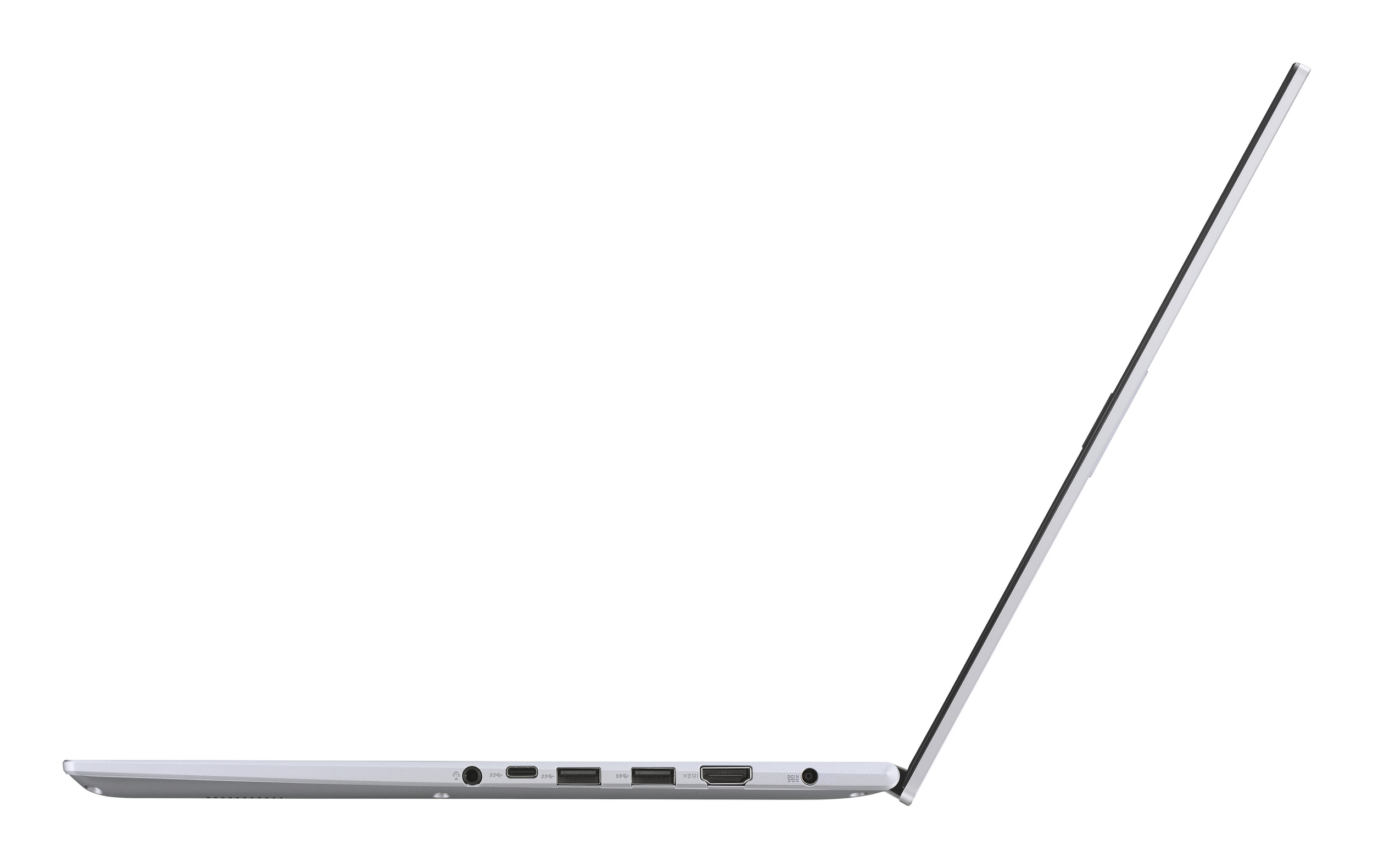 Un laptop argentato è aperto, mostra il profilo laterale su sfondo bianco. Le porte sono visibili.