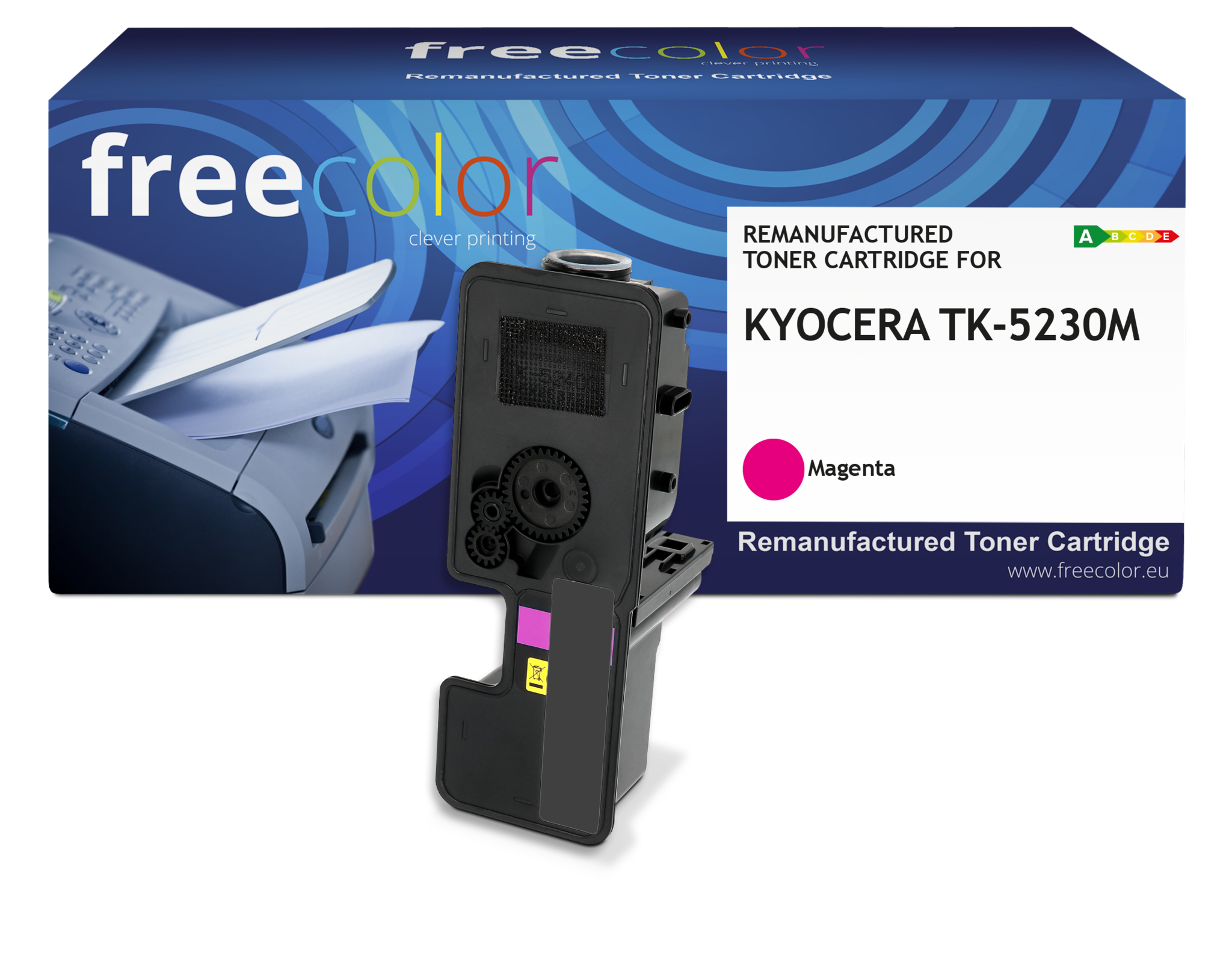 Wkład z tonerem do drukarki. Jest w kolorze magenta. Na pudełku widnieje napis 'Remanufactured Toner Cartridge' i 'freecolor'.