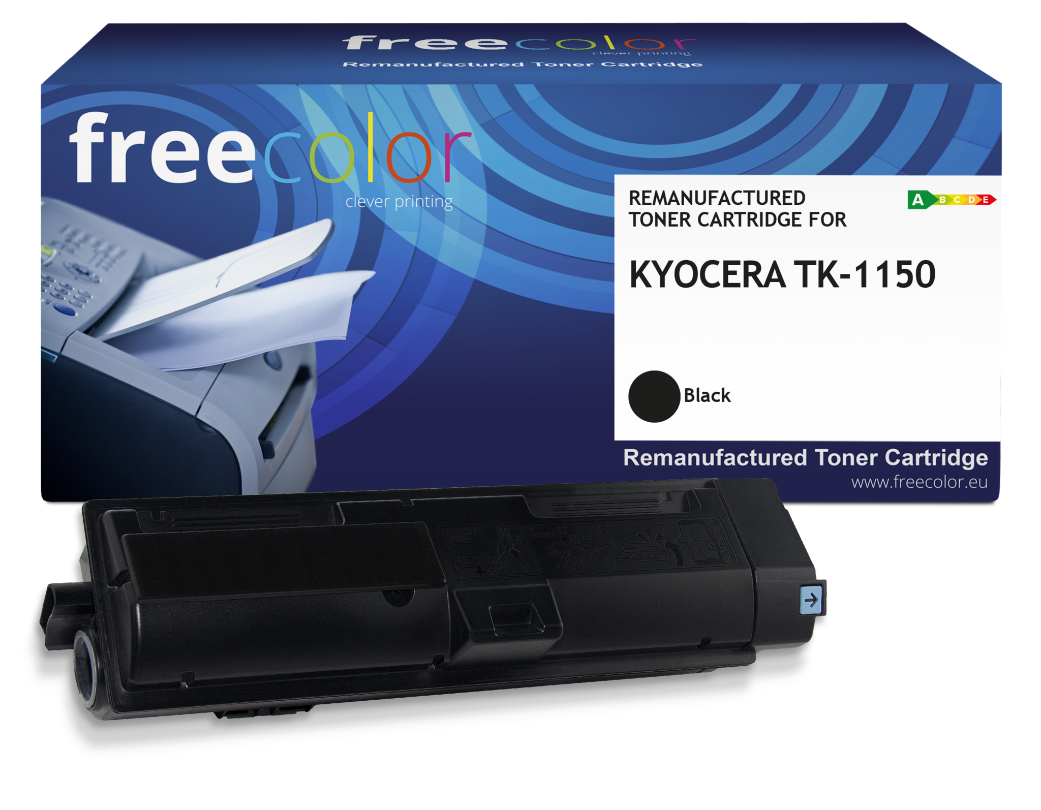 Obrazek pudełka z tonerem i czarnego wkładu z tonerem. Na pudełku znajduje się napis 'freecolor' i 'KYOCERA TK-1150'.