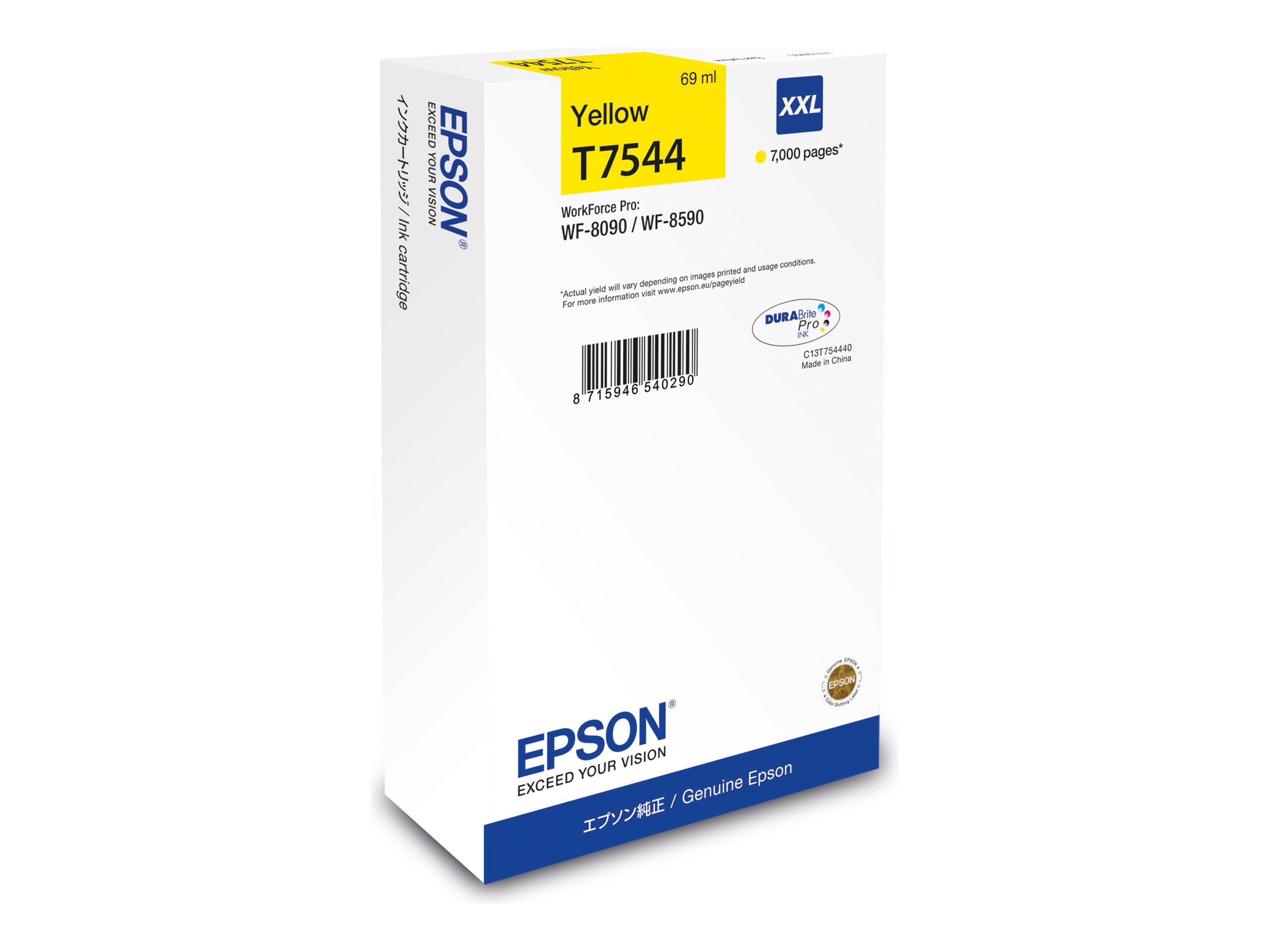 Scatola della cartuccia d'inchiostro gialla Epson T7544. Contiene 69 ml e stampa 7.000 pagine. La scatola è bianca e blu.