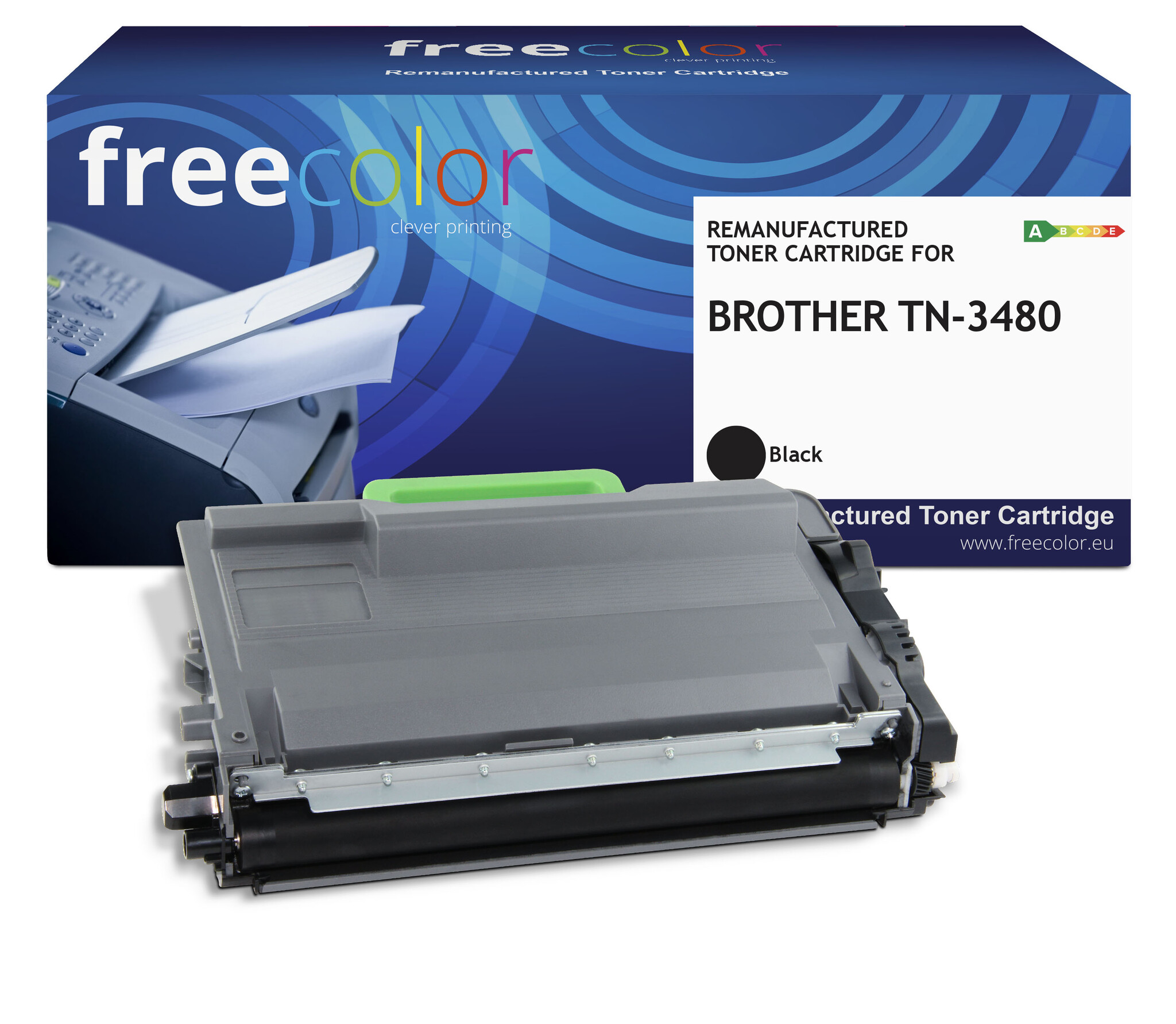 Una scatola di cartucce toner con un'immagine della stampante. La cartuccia è per Brother TN-3480, nero. Marchio Freecolor.