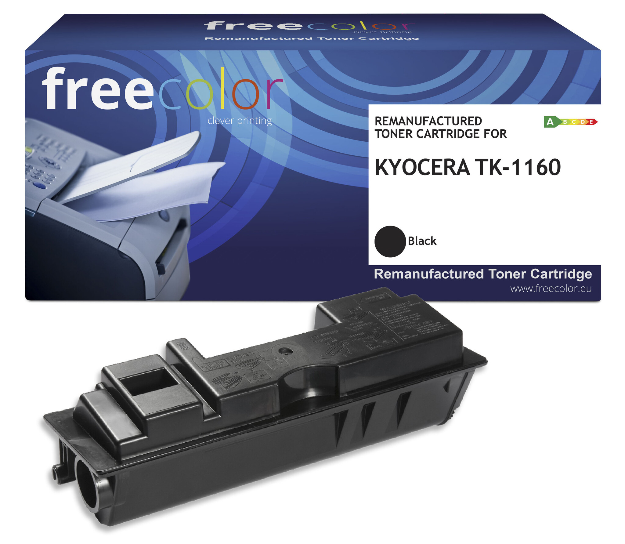 Czarny wkład z tonerem i pudełko drukarki z logo freecolor oraz napisem 'KYOCERA TK-1160 Black'.