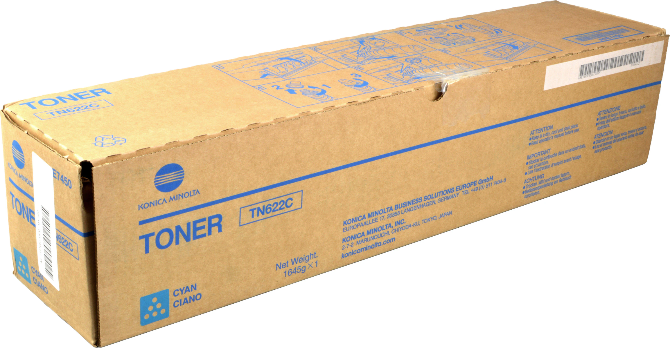 Scatola di cartuccia toner Konica Minolta TN622C marrone con testo e loghi blu. Contiene avvertenze e istruzioni.