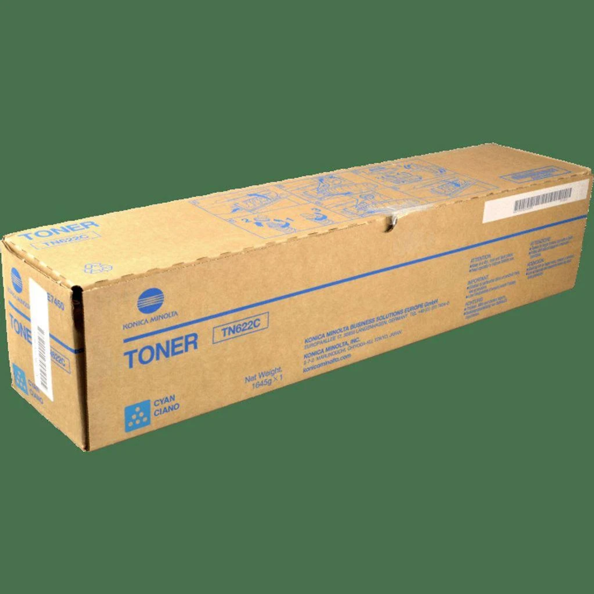 Una scatola di cartone di toner Konica Minolta TN622C. La scatola è marrone con testo blu e bianco. È su uno sfondo verde.