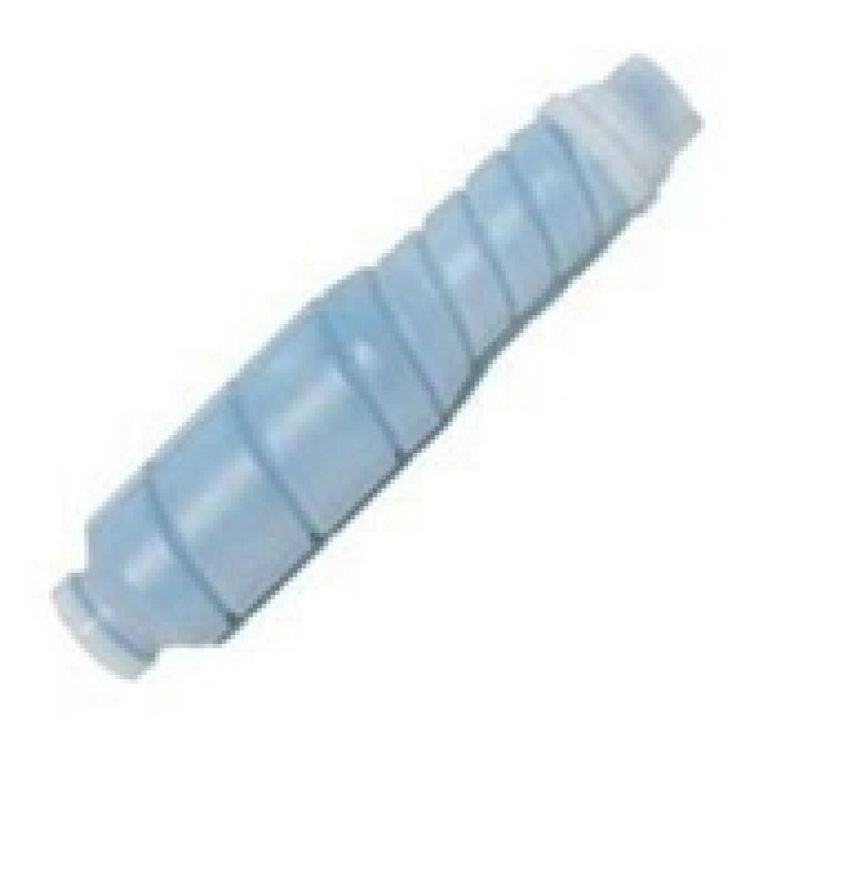 Una cartuccia toner azzurra, di forma cilindrica, è angolata su uno sfondo bianco. Ha scanalature ed estremità in plastica bianca.