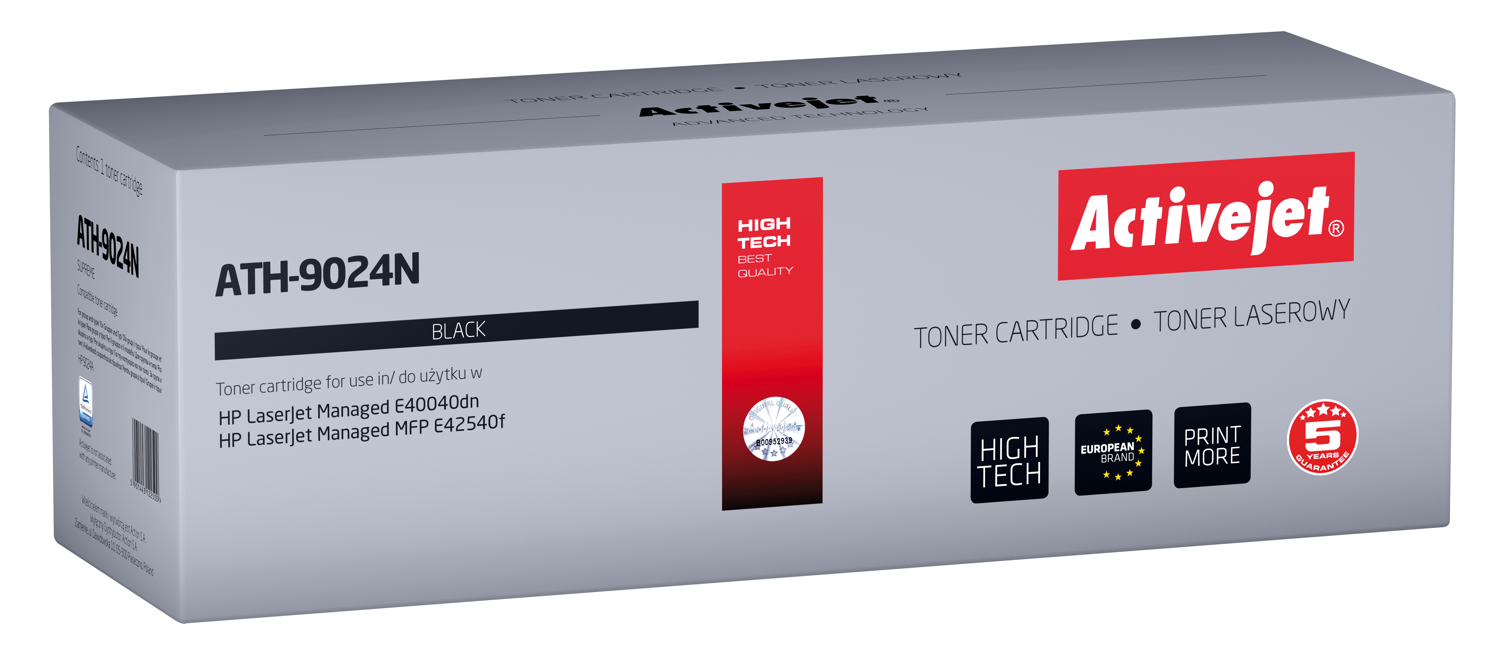 Szare pudełko z tonerem Activejet, model ATH-9024N, z czerwonymi akcentami, prezentujące markę i informacje o produkcie.