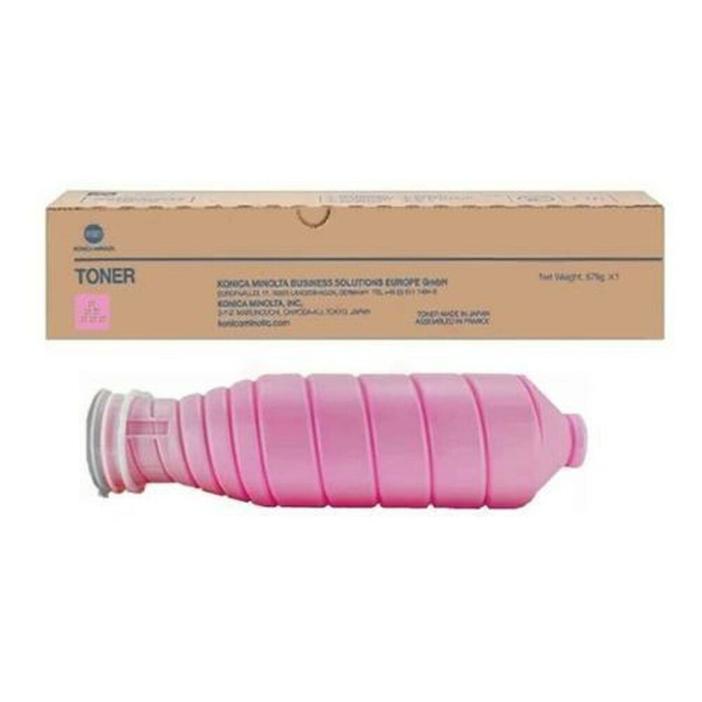 Una cartuccia toner rosa si trova sotto una scatola marrone. La scatola contiene informazioni aziendali e la parola 'TONER'.
