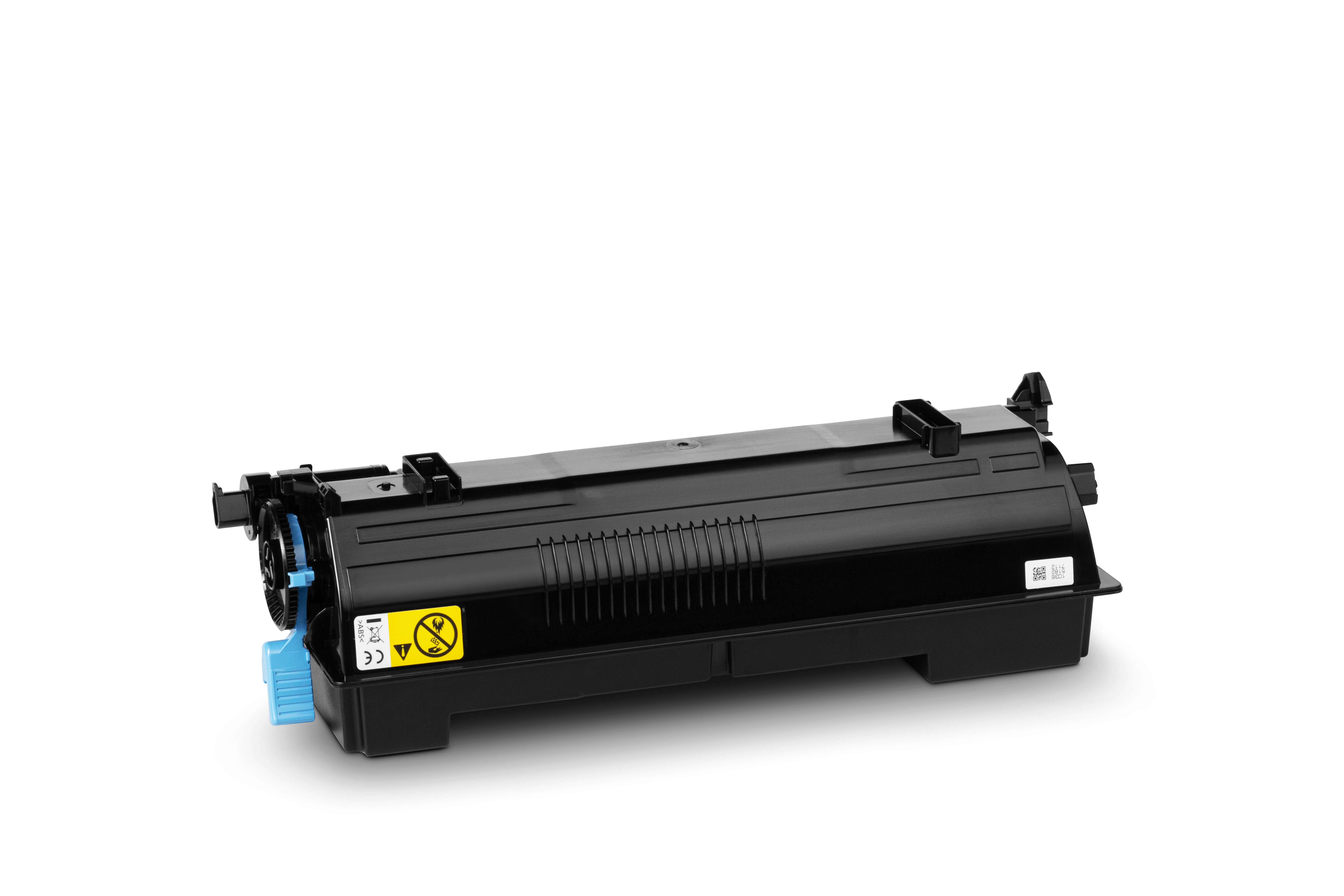 Una cartuccia toner nera su una superficie bianca. Ha parti blu e gialle. Lo sfondo è bianco.