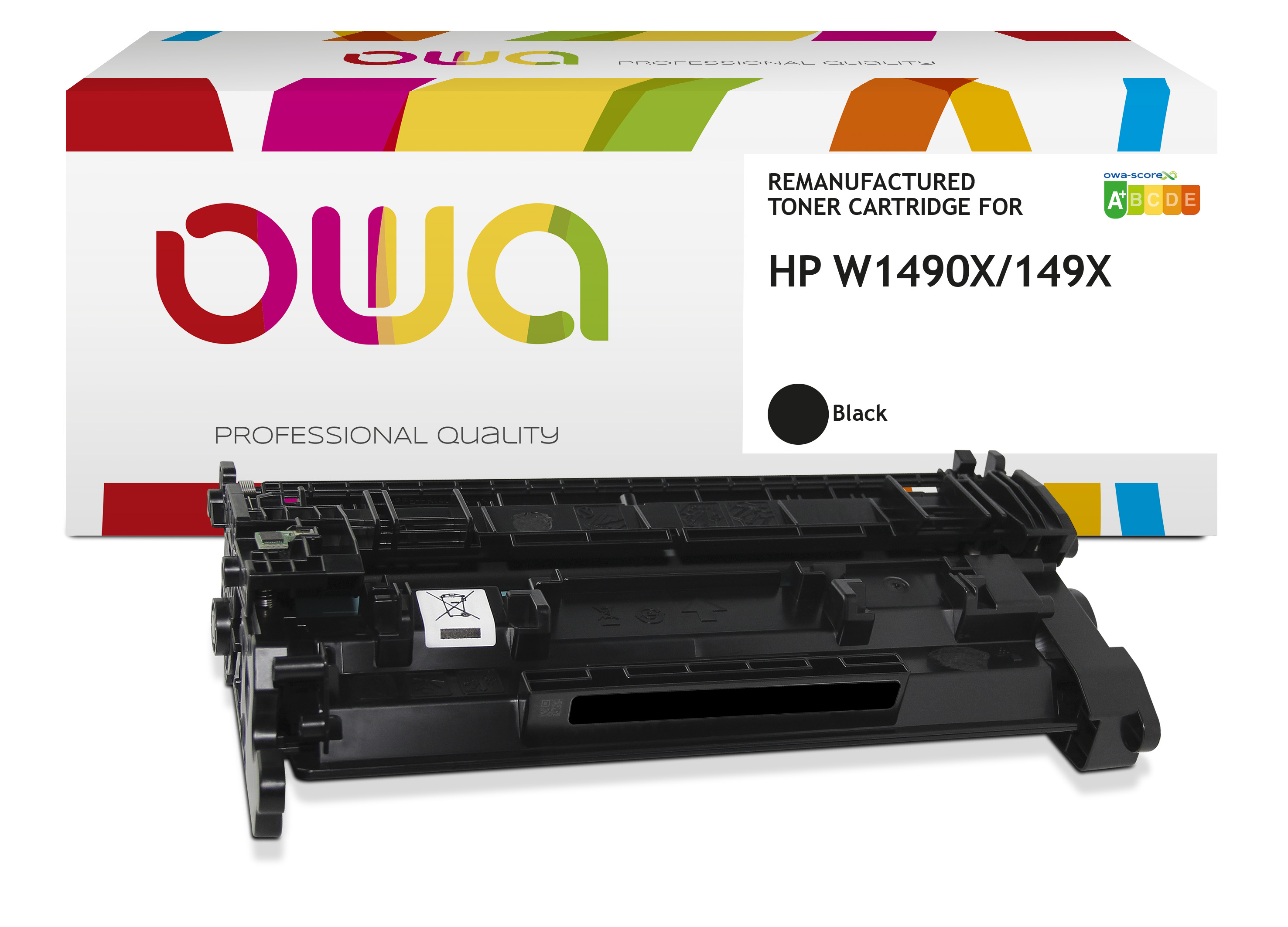Viene visualizzata una cartuccia toner nera per stampanti HP. La scatola presenta il logo e la scritta 'Cartuccia toner rigenerata'.