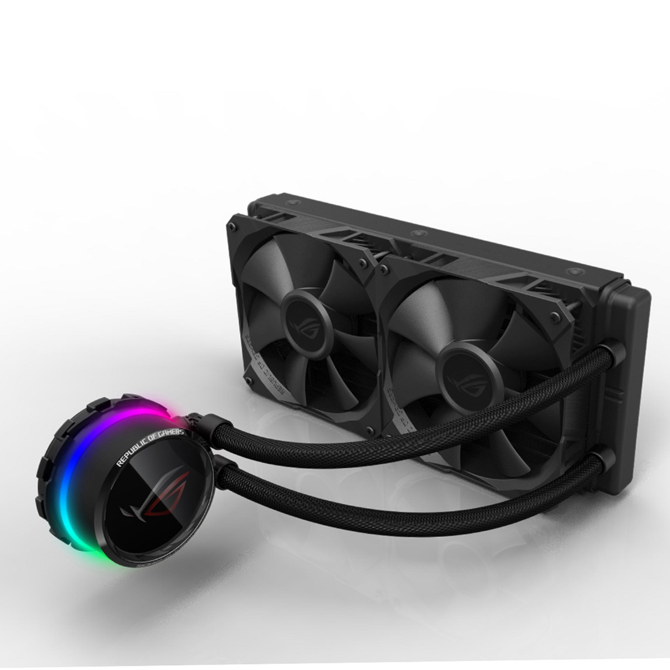 Dissipatore ad acqua per PC nero. Ha due ventole, un waterblock con RGB e tubi di collegamento. Sfondo bianco.