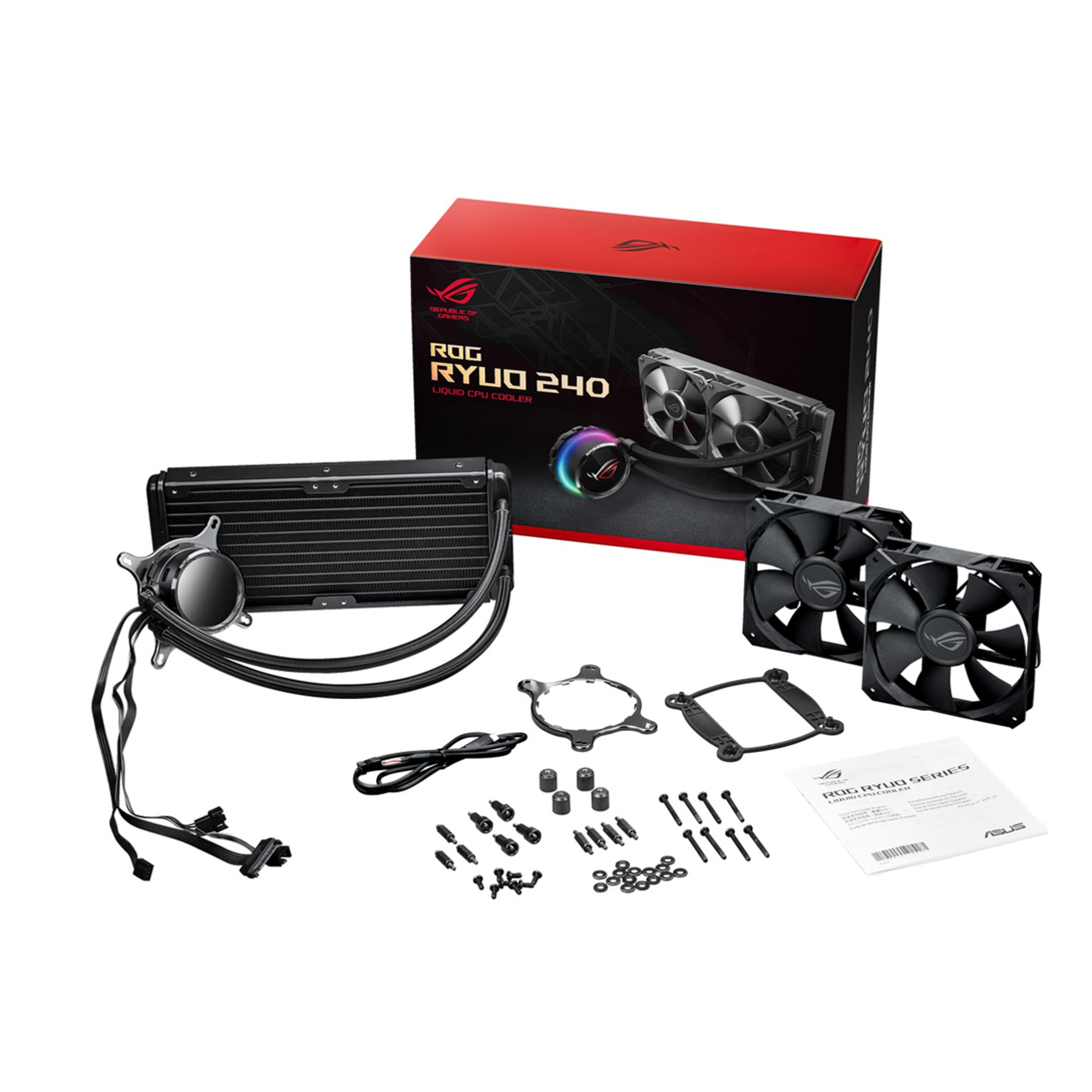 Viene mostrato un kit di raffreddamento a liquido per CPU ROG Ryuo 240, tra cui un radiatore, ventole, raccordi e una scatola.