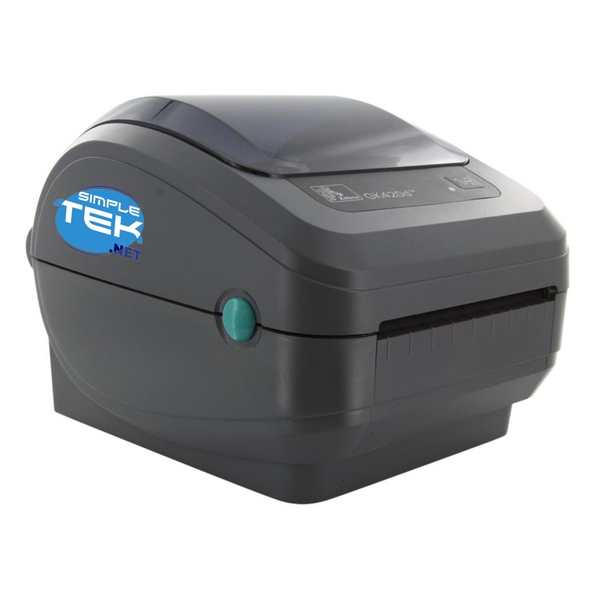 Szara drukarka Zebra GK420d z niebieską naklejką Simple Tek. Ma ciemnoszarą górę, zielony przycisk i gniazdo wyjścia etykiet.
