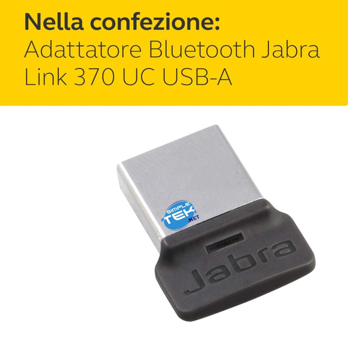 Un adattatore Bluetooth Jabra Link 370 UC USB-A. È argento e nero con i loghi Jabra e Simple Tek .net visibili.