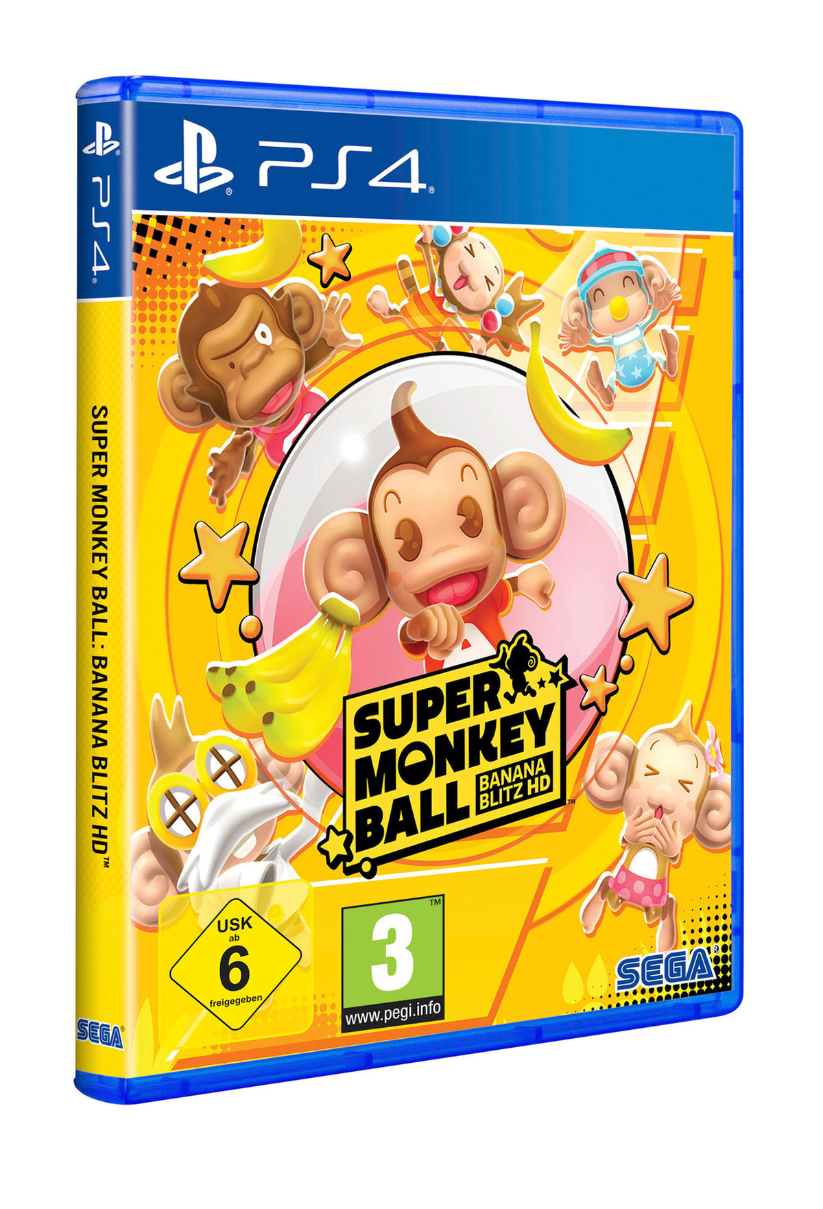 PS4-Spielcover mit Affenfiguren, Bananen und Sternen. Titel: Super Monkey Ball Banana Blitz HD. Gelber Hintergrund mit blauem Rahmen.