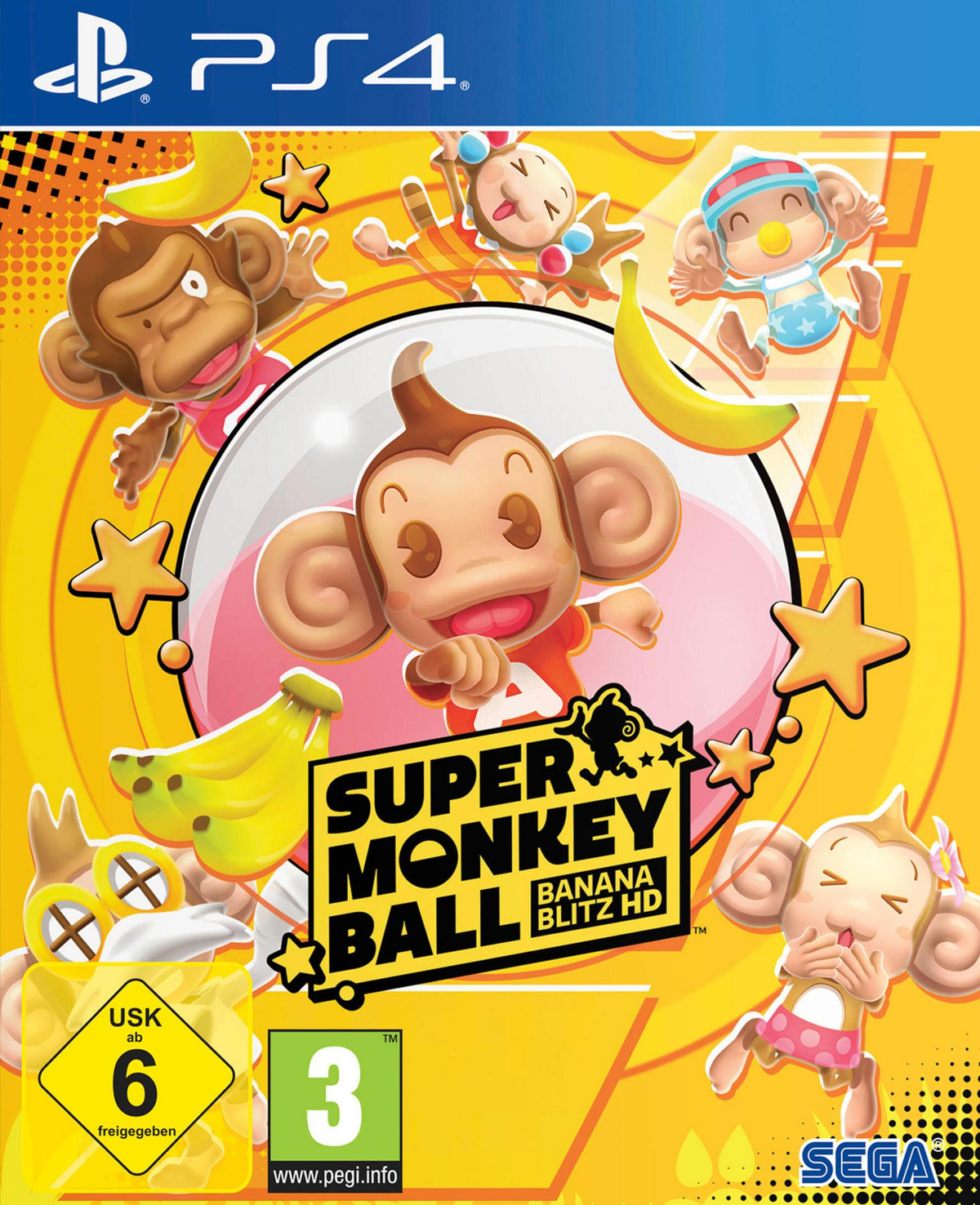 Spielecover für Super Monkey Ball. Affen und Bananen auf gelbem Hintergrund, mit Spieletitel und PS4-Logo.