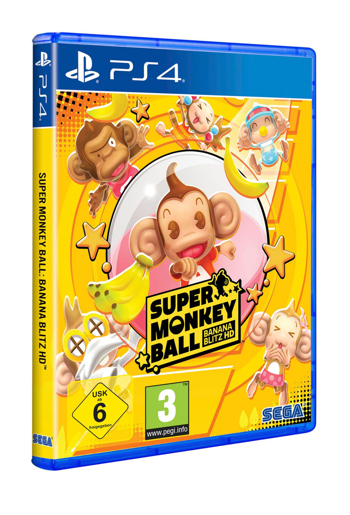 Ein PS4-Spielcover für Super Monkey Ball: Banana Blitz HD. Es zeigt Cartoon-Affen, Bananen und Sterne auf gelbem Hintergrund.