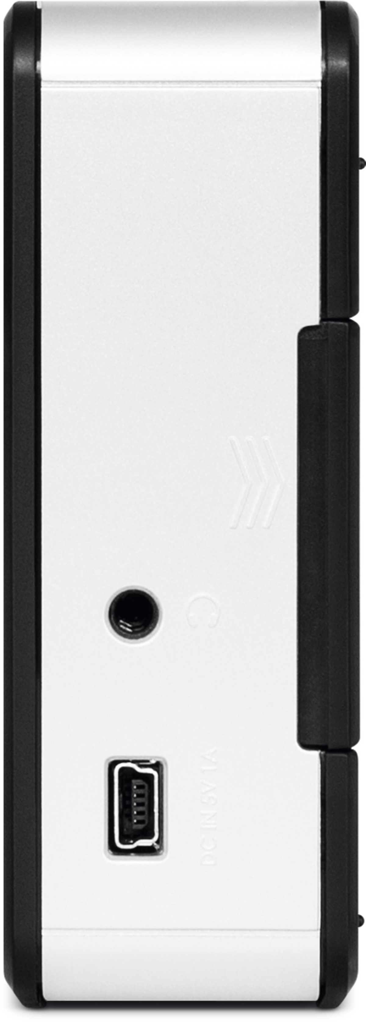 Widok z boku białego i srebrnego urządzenia elektronicznego. Ma czarne krawędzie, porty i symbol strzałki kierunkowej.