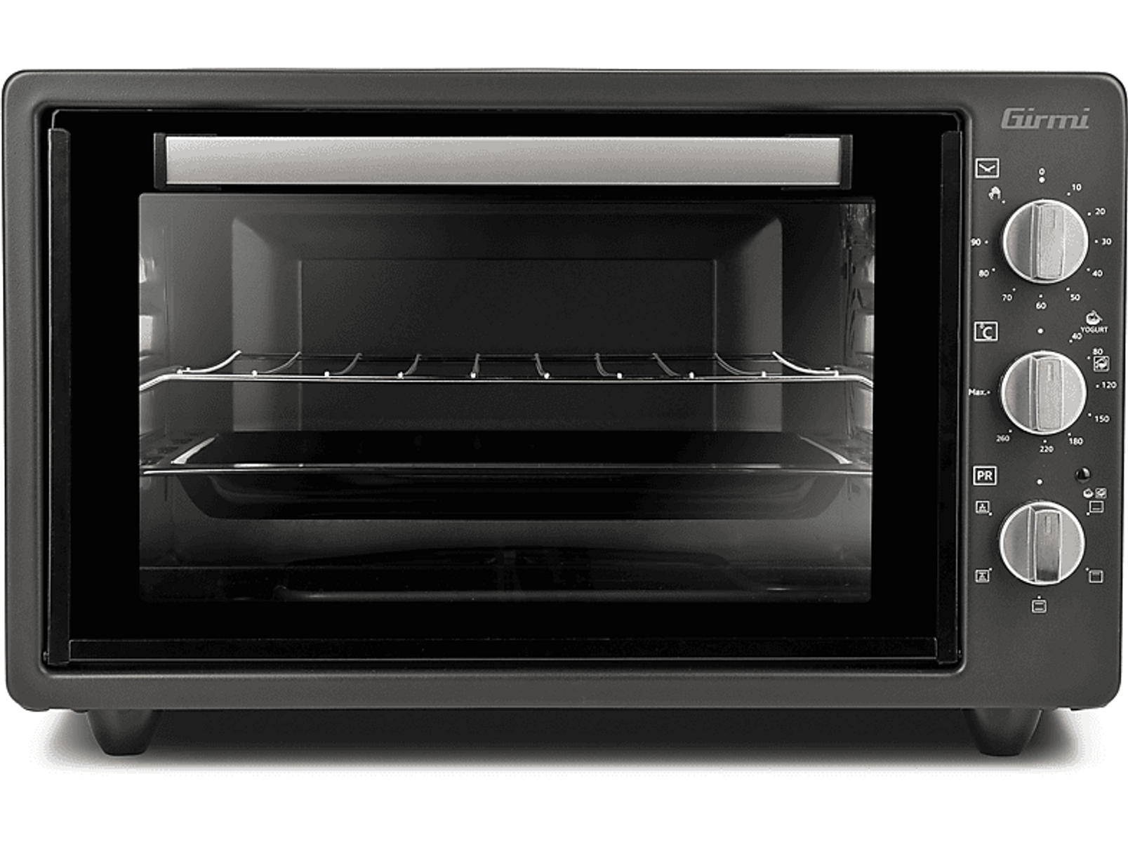 Un mini horno Girmi, negro, con diales para temperatura y ajustes. Dentro, se ven una rejilla y una bandeja para hornear a través de la puerta de vidrio.