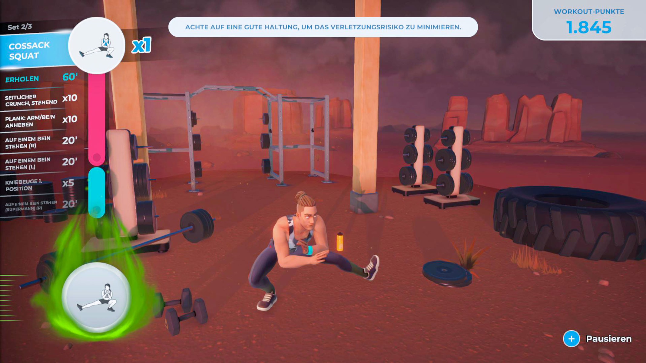 Eine Frau dehnt sich im Fitnessstudio. Der Bildschirm zeigt Workout-Details. Hintergrund: Gewichte, Reifen und eine Wüstenlandschaft.